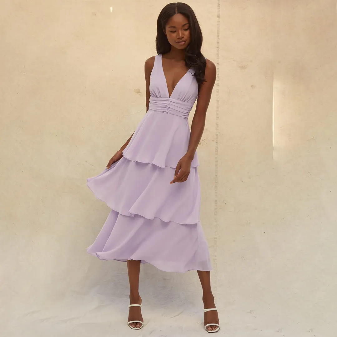 Celebration Time Lavender Sleeveless Tiered Midi Dress