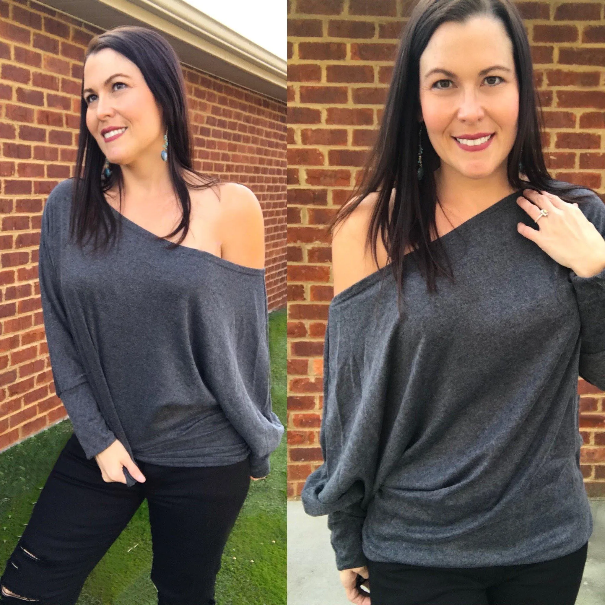 Charcoal Off The Shoulder Dolman Sleeve Top - Can Also Be Worn Boat Neck!!