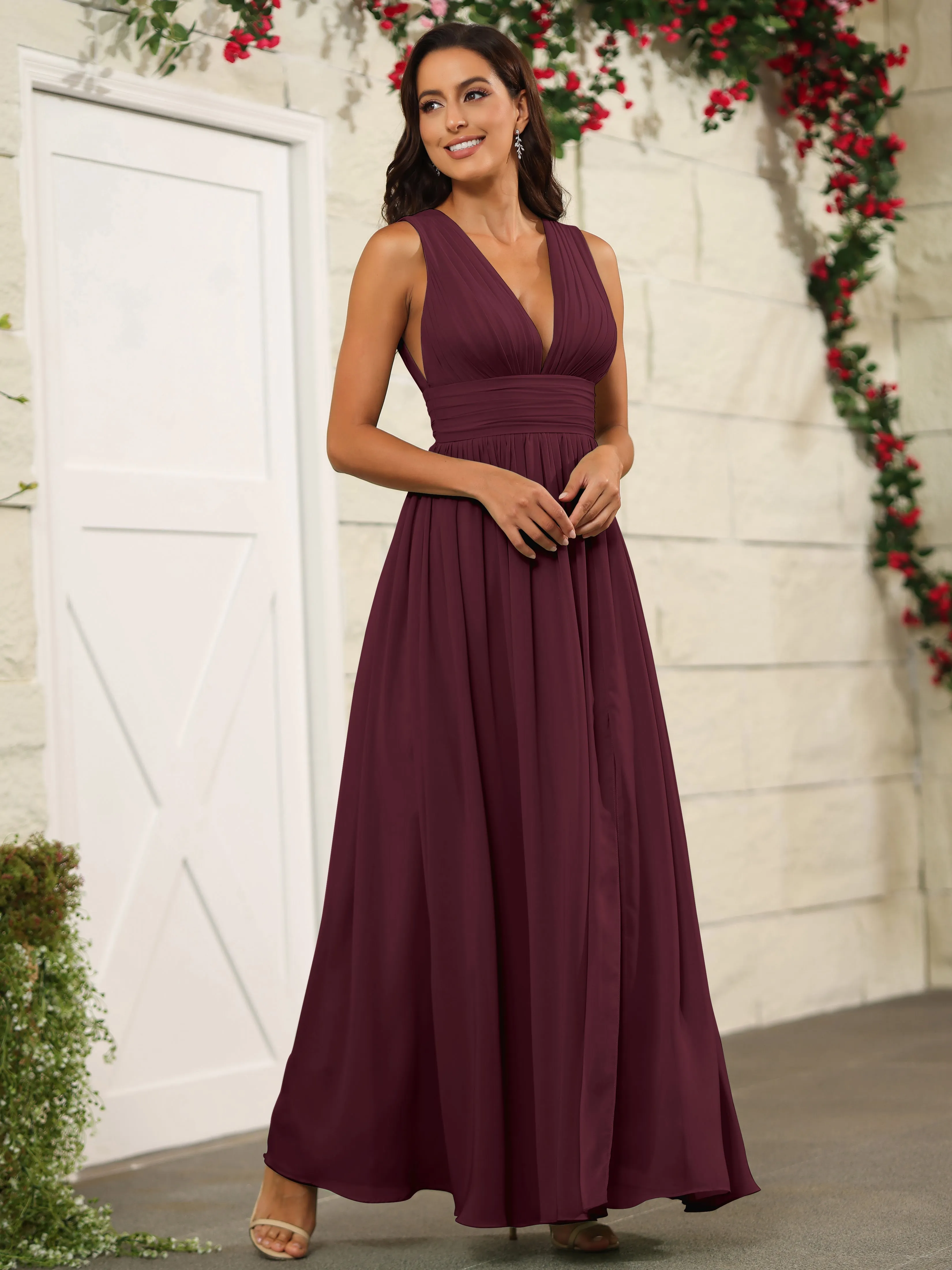 Charming V-Neck Chiffon Floor Length Bridesmaid Dresses with Split