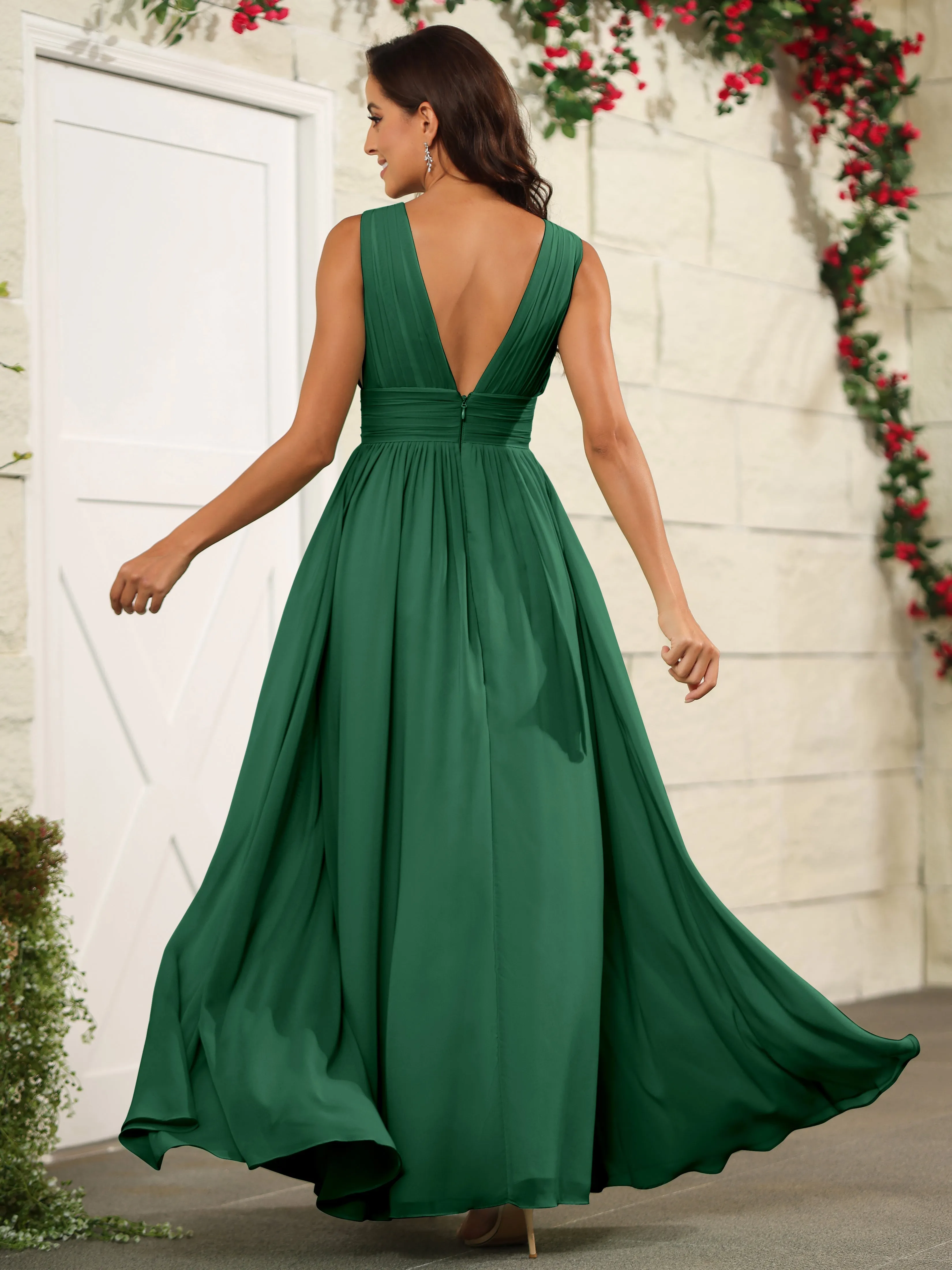 Charming V-Neck Chiffon Floor Length Bridesmaid Dresses with Split