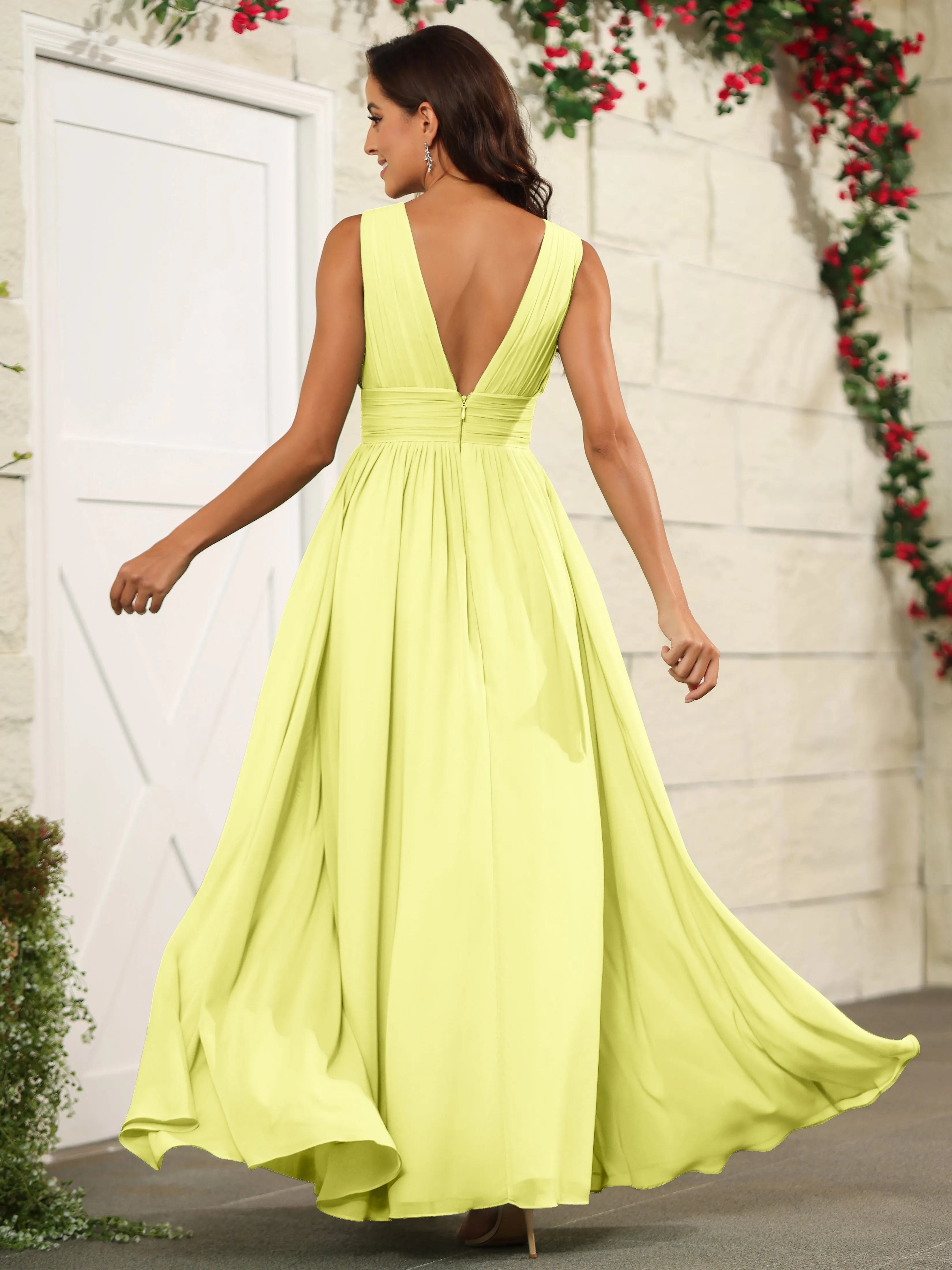 Charming V-Neck Chiffon Floor Length Bridesmaid Dresses with Split