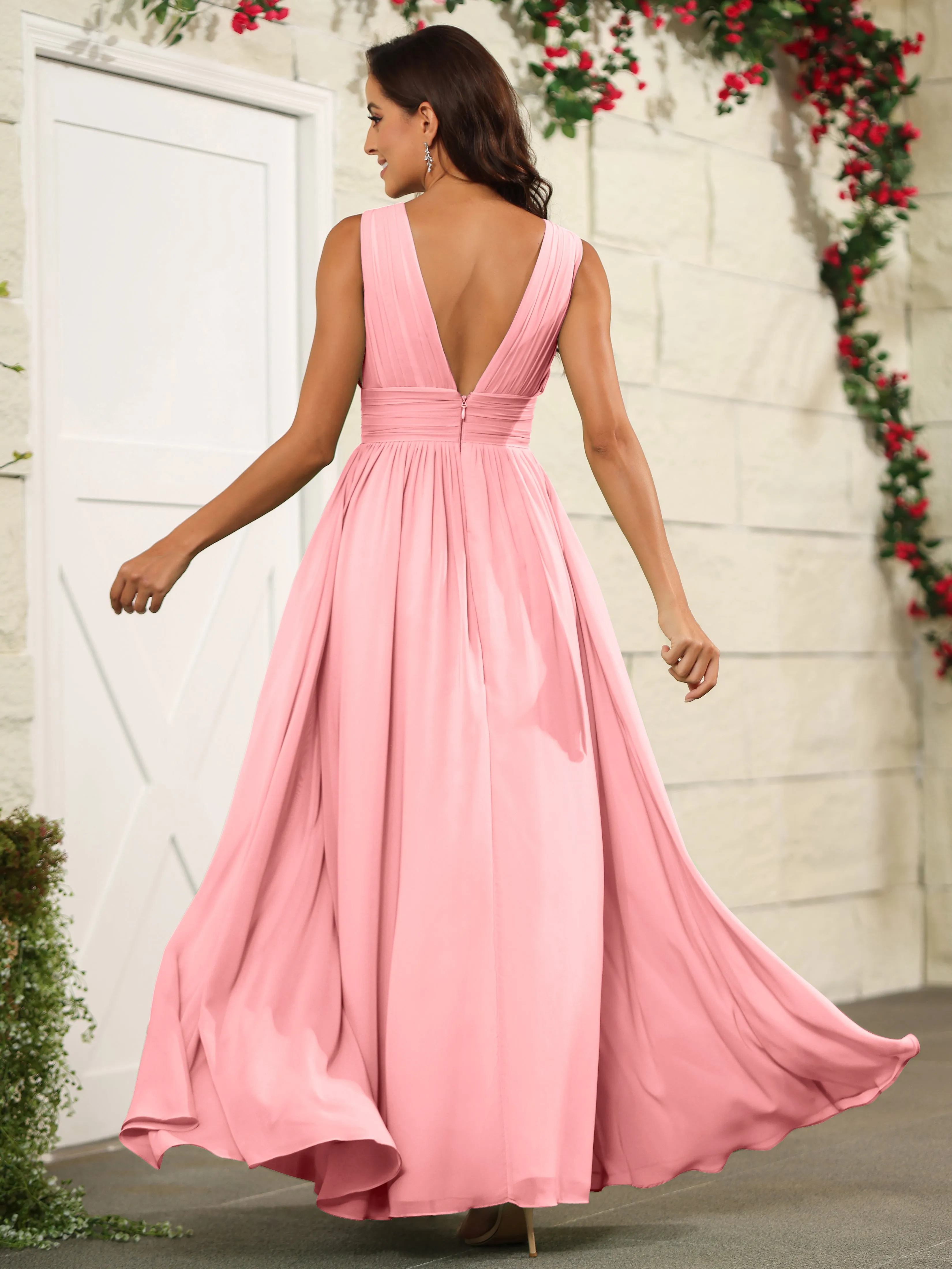 Charming V-Neck Chiffon Floor Length Bridesmaid Dresses with Split
