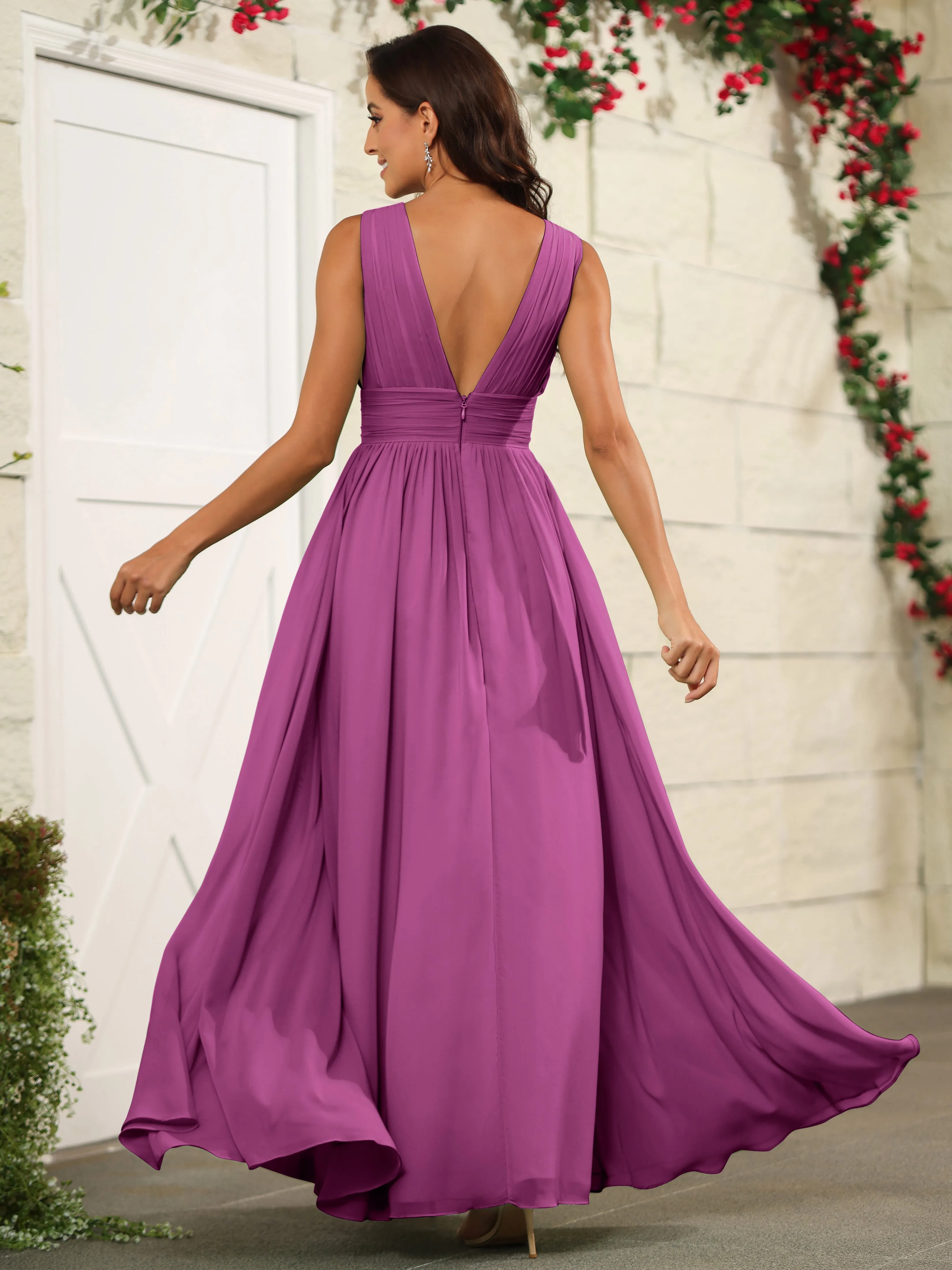 Charming V-Neck Chiffon Floor Length Bridesmaid Dresses with Split