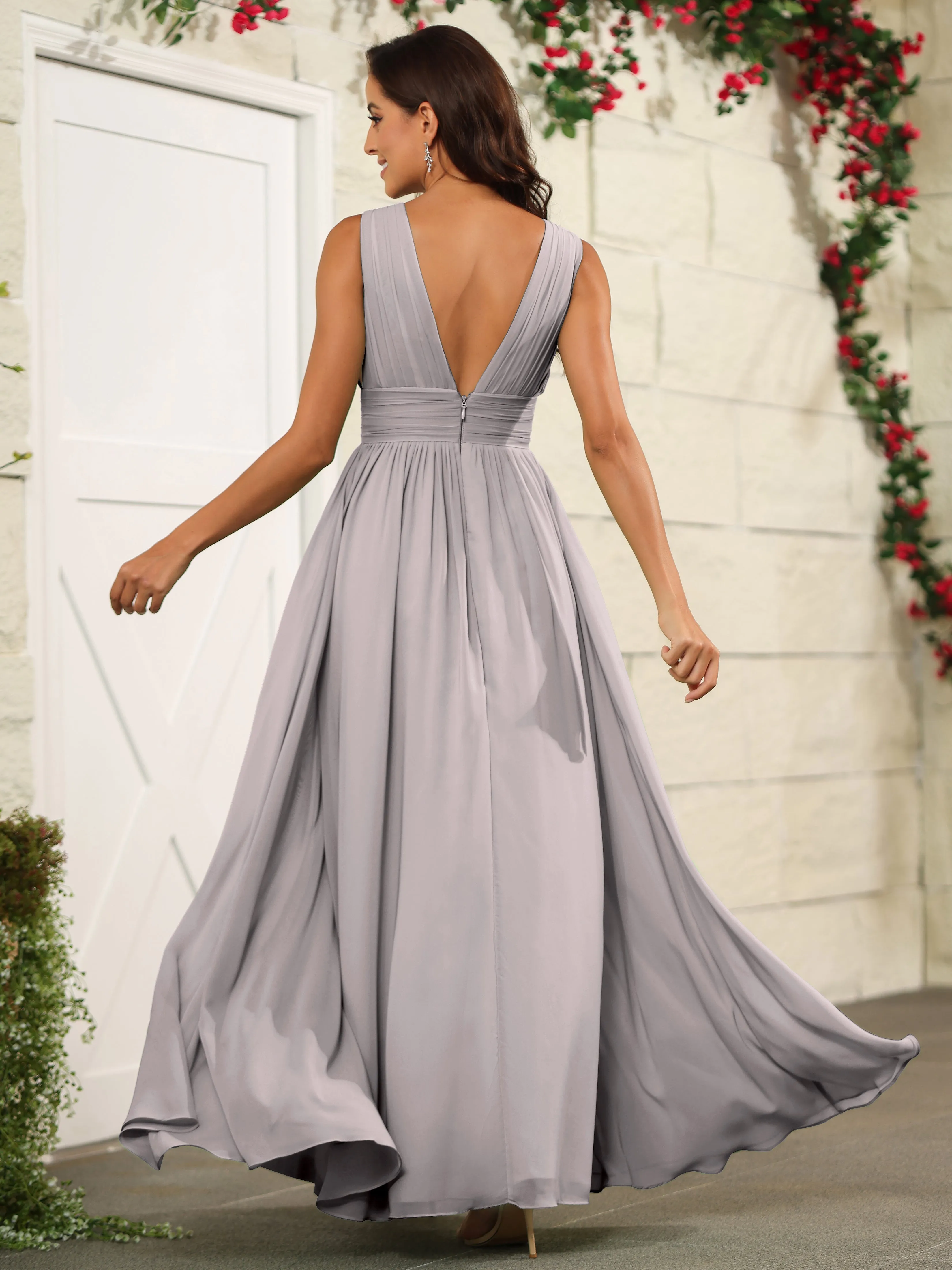 Charming V-Neck Chiffon Floor Length Bridesmaid Dresses with Split