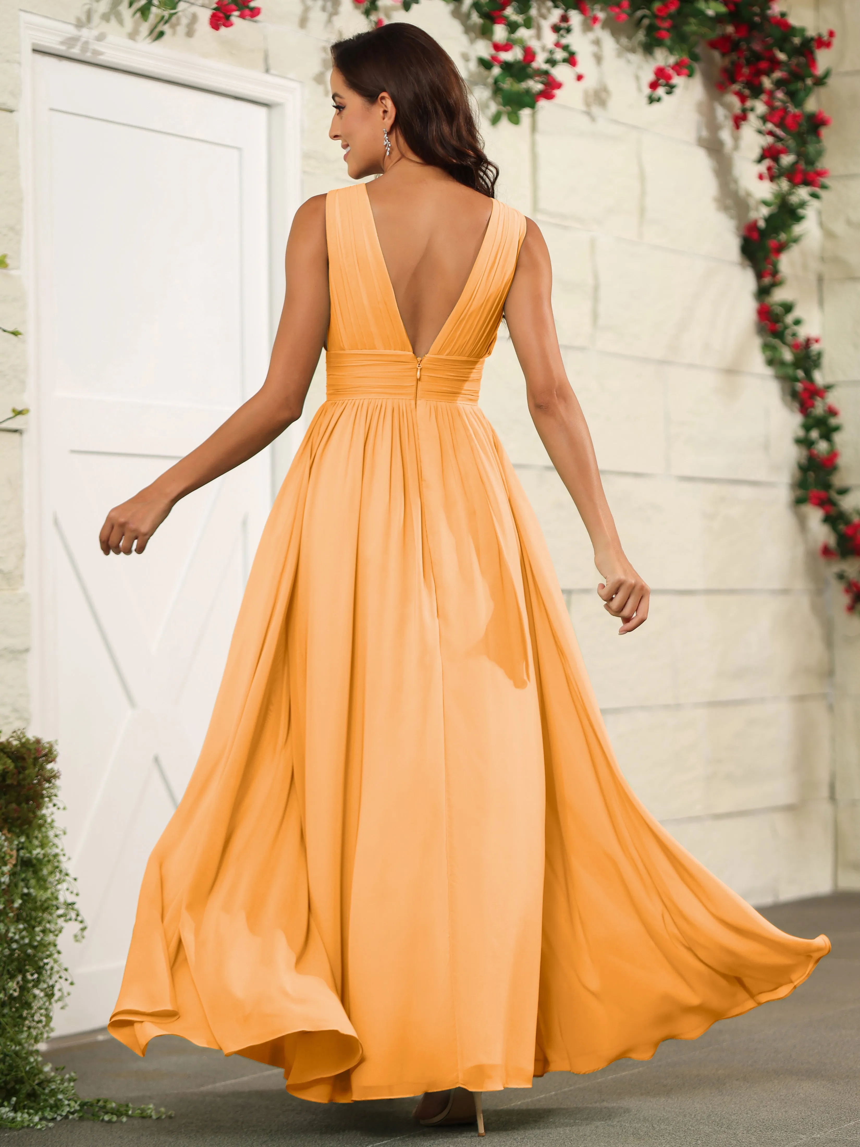 Charming V-Neck Chiffon Floor Length Bridesmaid Dresses with Split