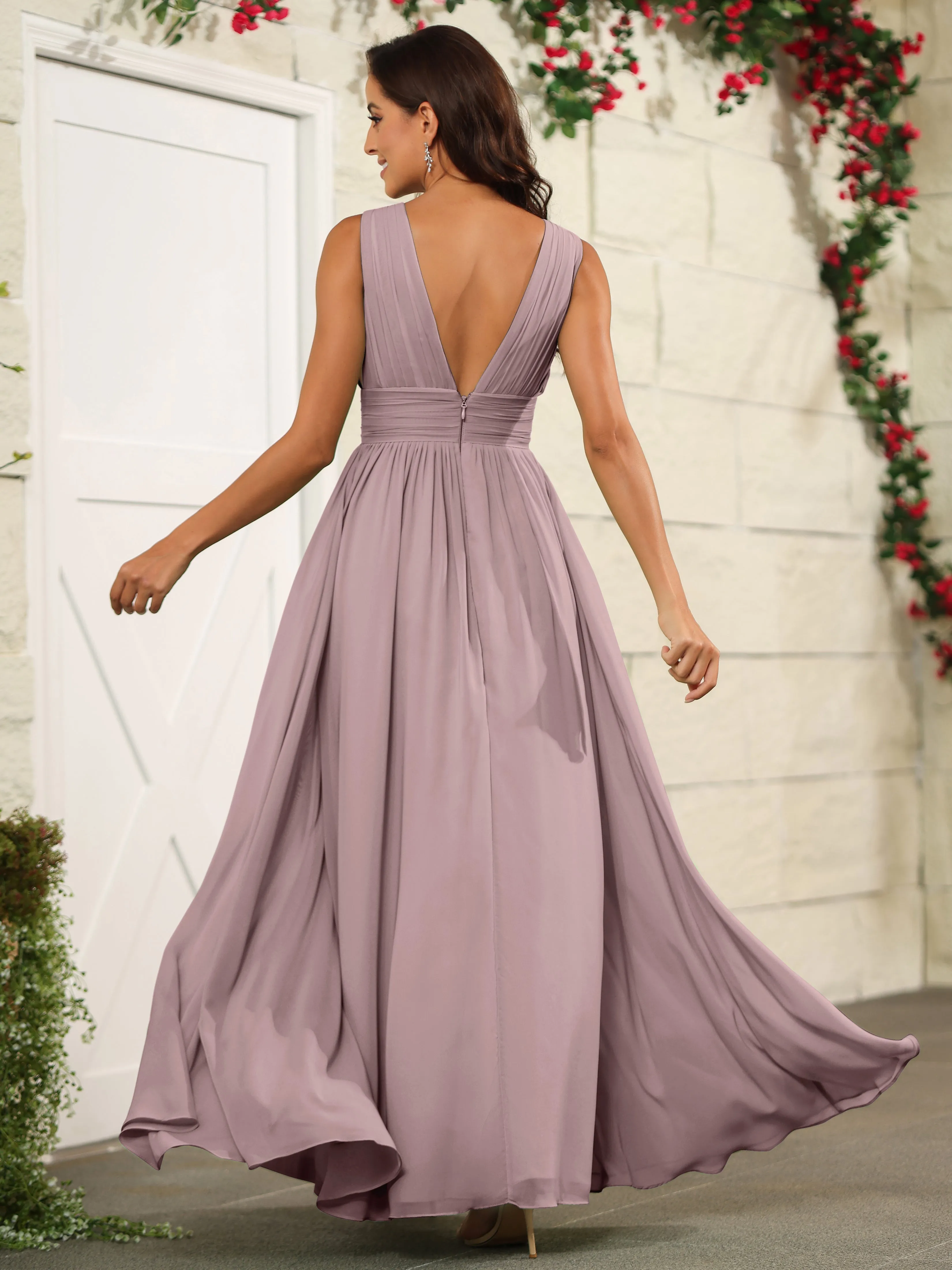 Charming V-Neck Chiffon Floor Length Bridesmaid Dresses with Split