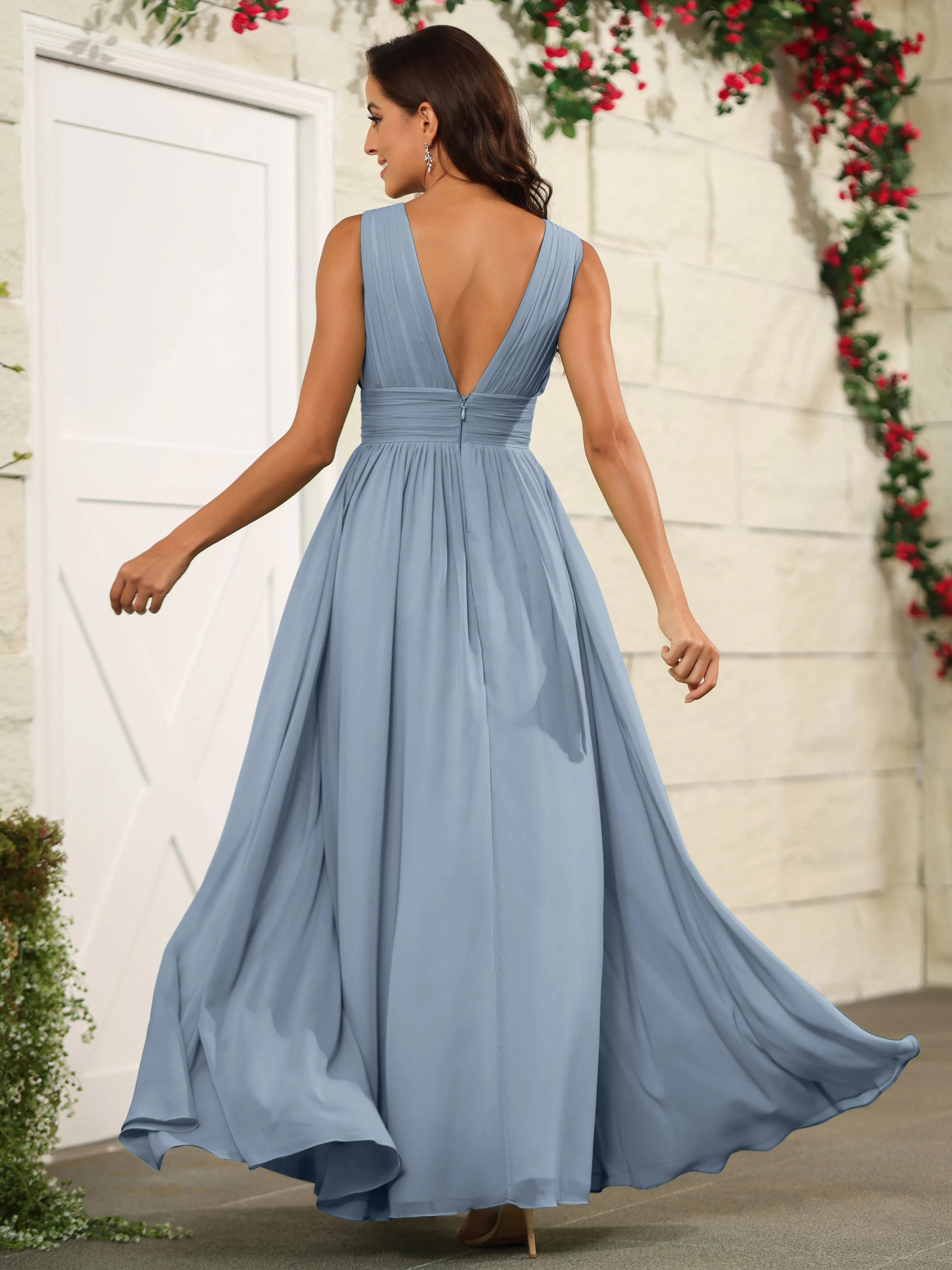Charming V-Neck Chiffon Floor Length Bridesmaid Dresses with Split