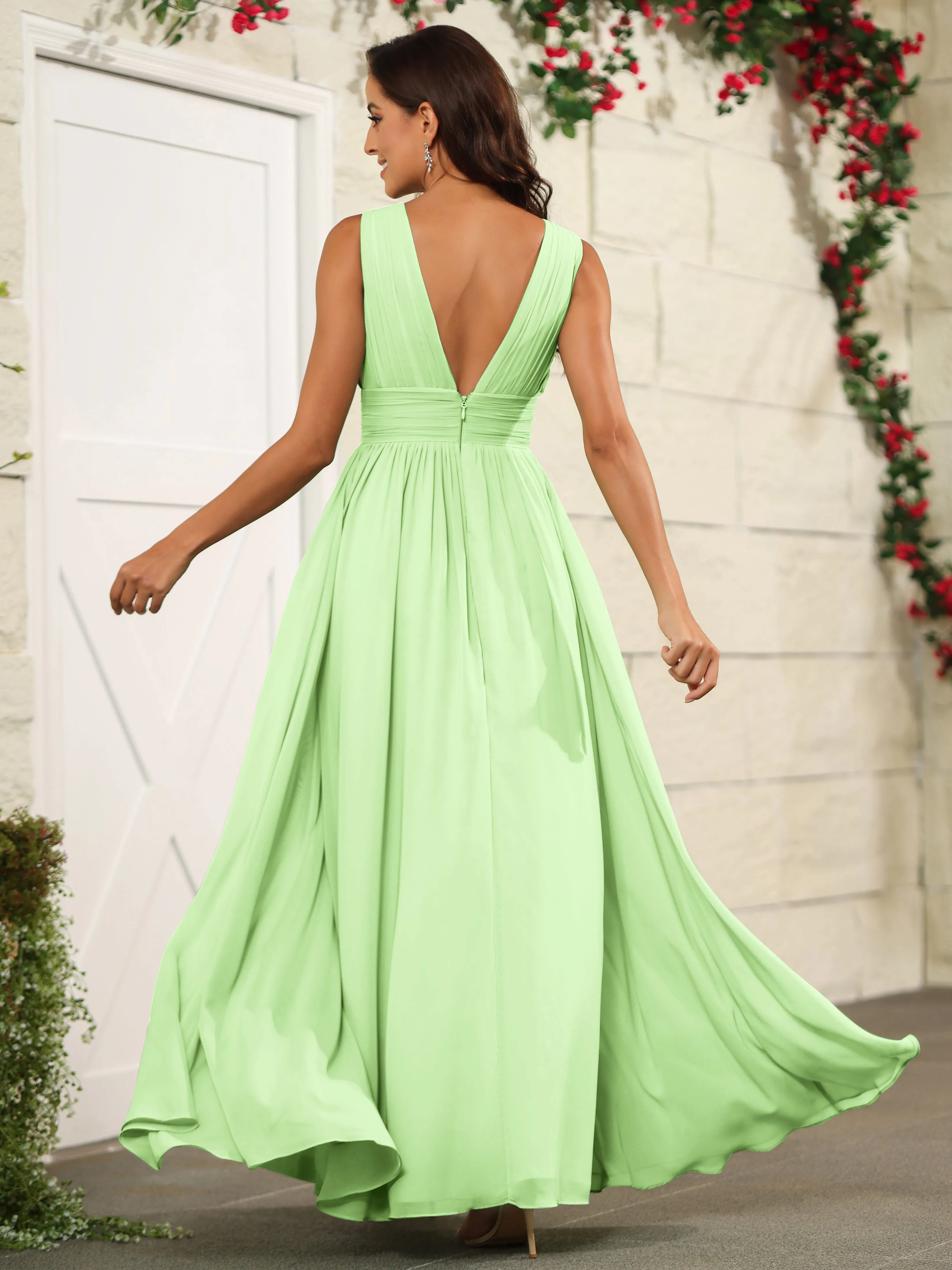 Charming V-Neck Chiffon Floor Length Bridesmaid Dresses with Split