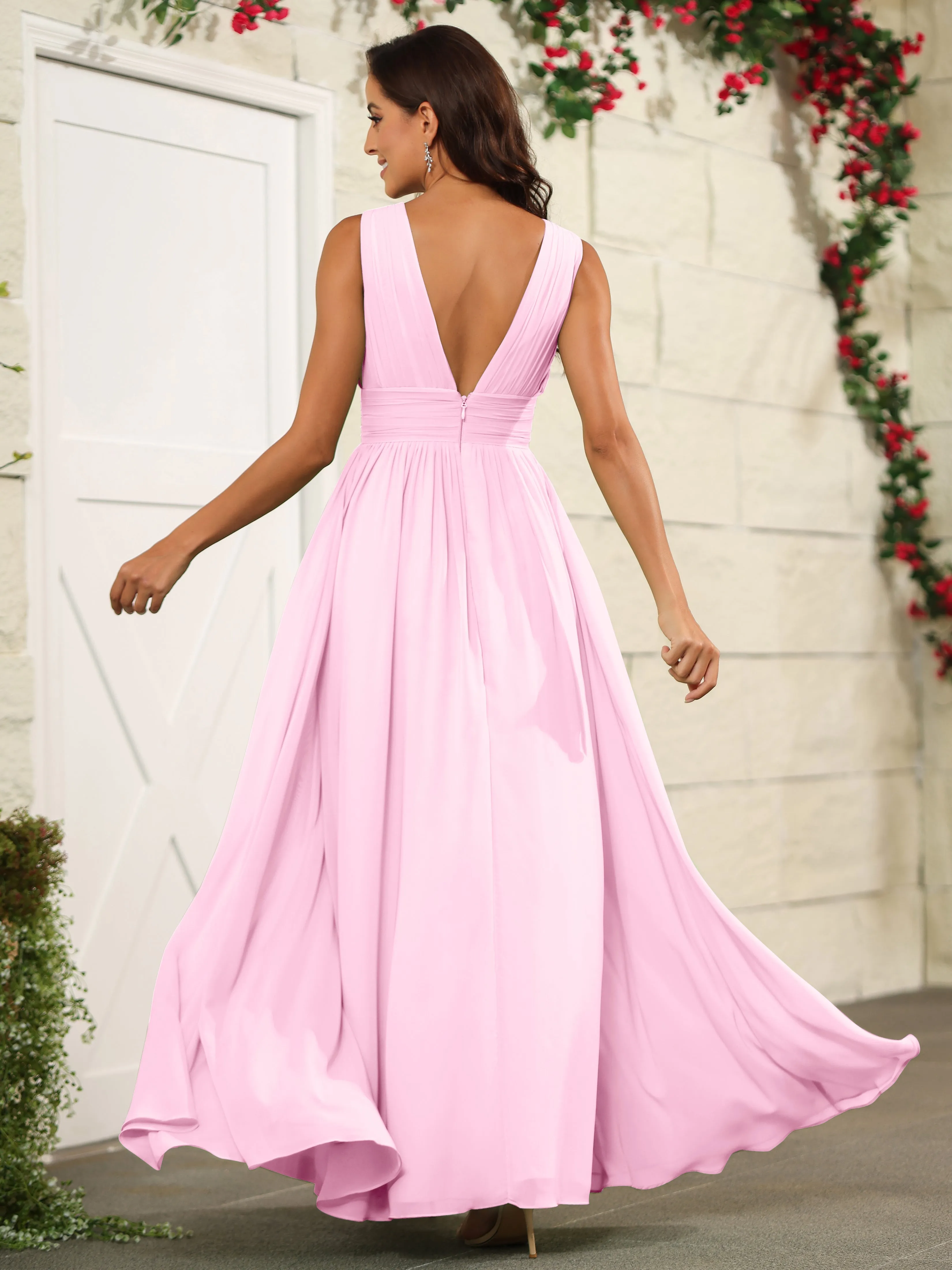 Charming V-Neck Chiffon Floor Length Bridesmaid Dresses with Split