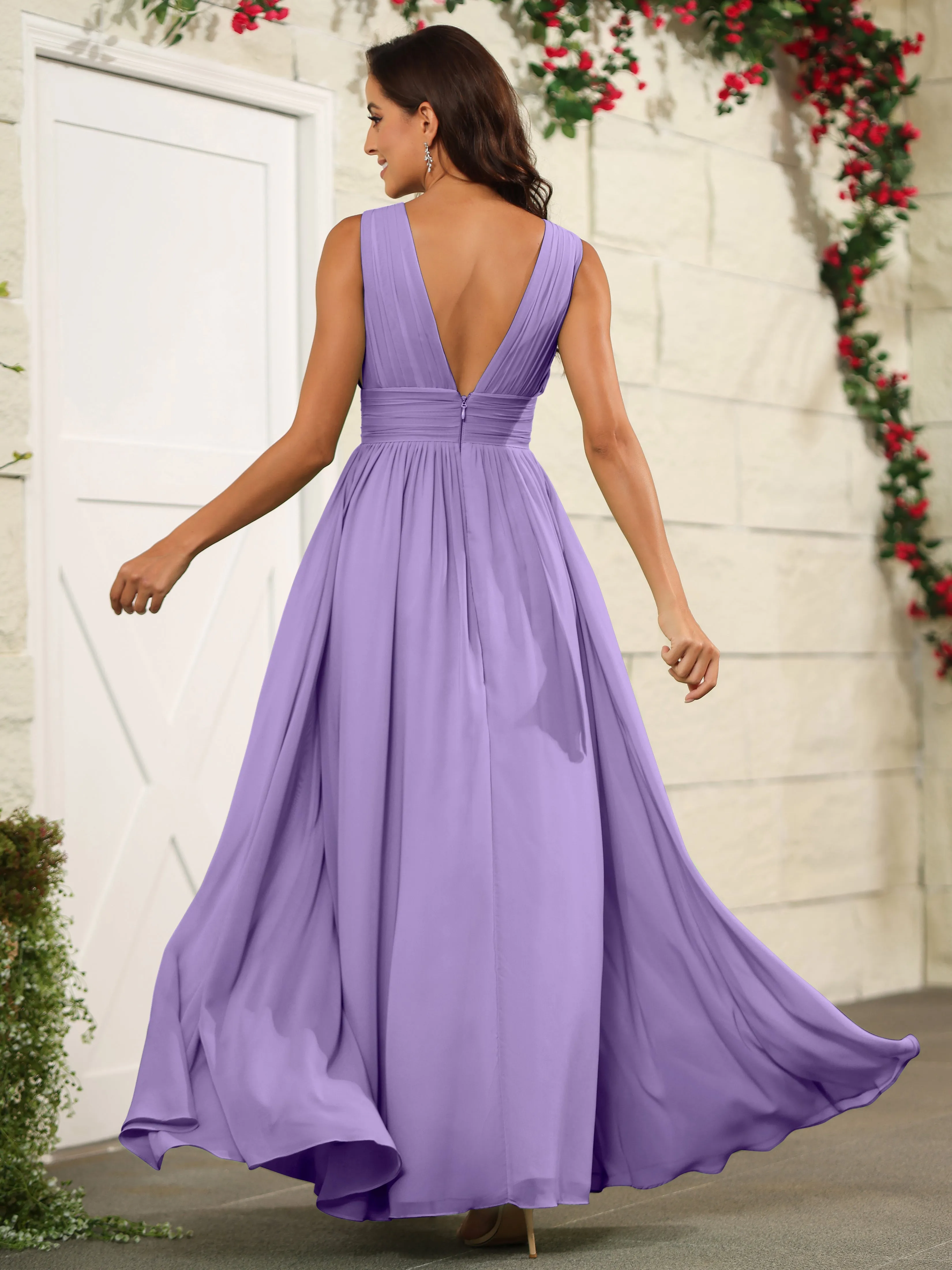 Charming V-Neck Chiffon Floor Length Bridesmaid Dresses with Split