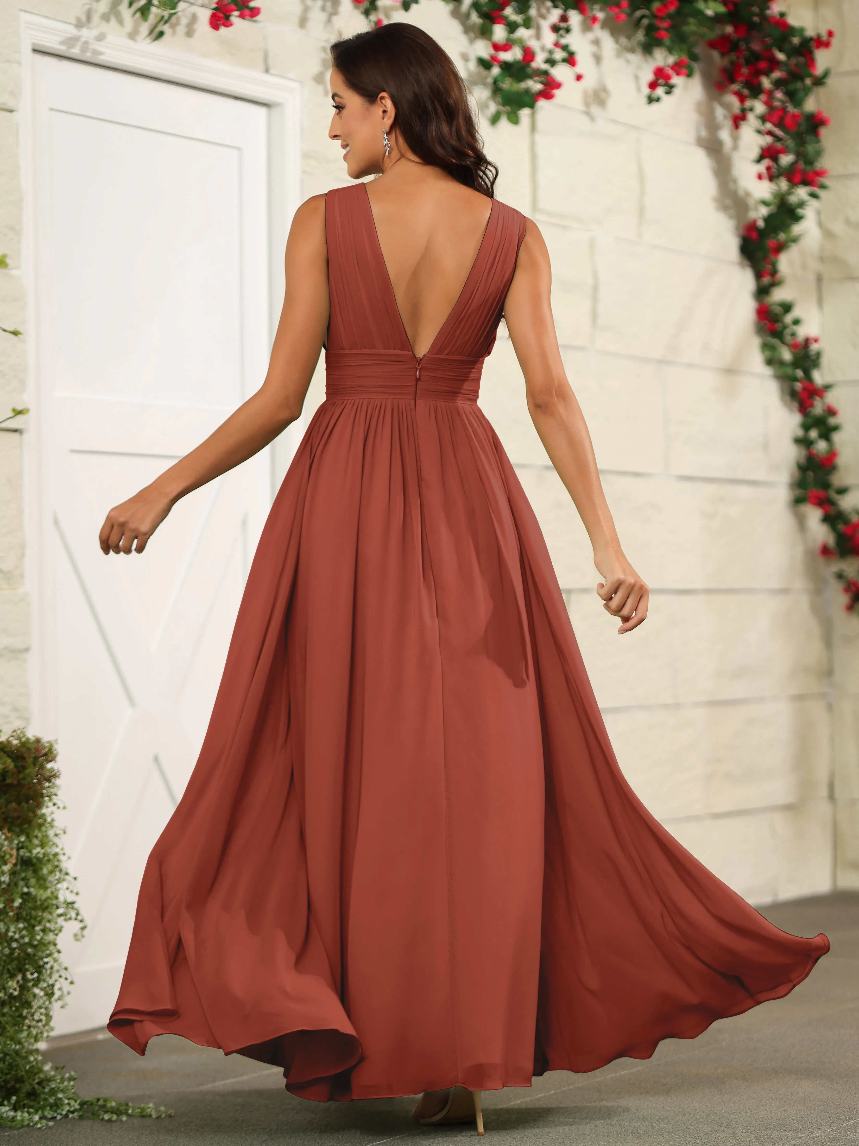 Charming V-Neck Chiffon Floor Length Bridesmaid Dresses with Split