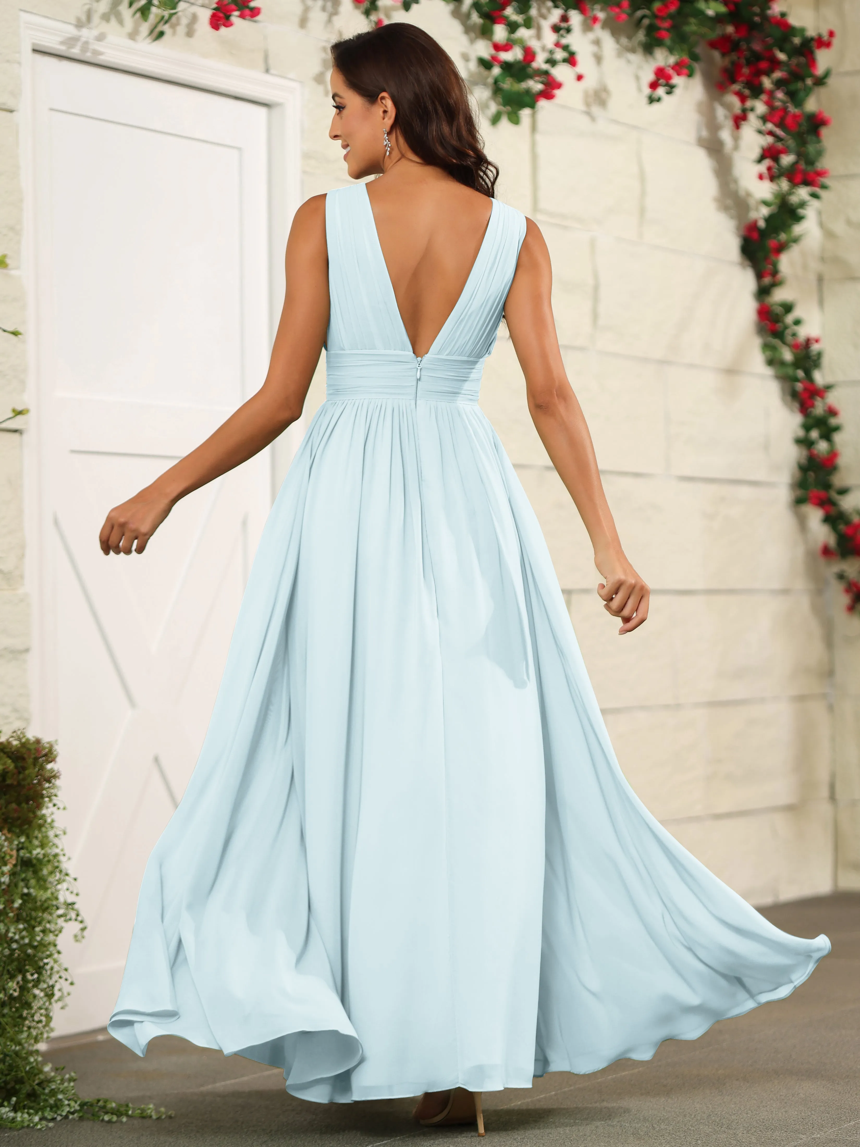 Charming V-Neck Chiffon Floor Length Bridesmaid Dresses with Split