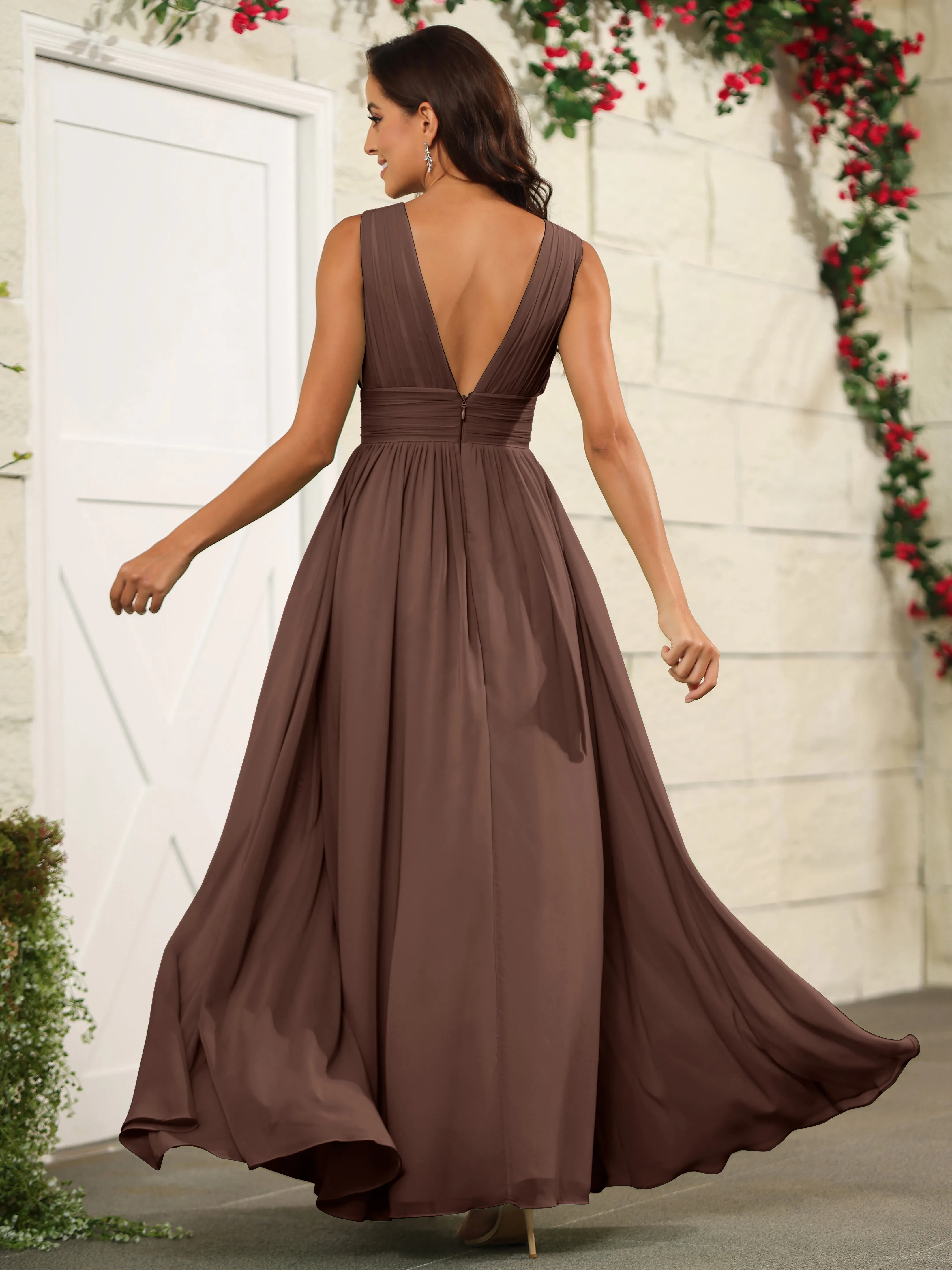 Charming V-Neck Chiffon Floor Length Bridesmaid Dresses with Split