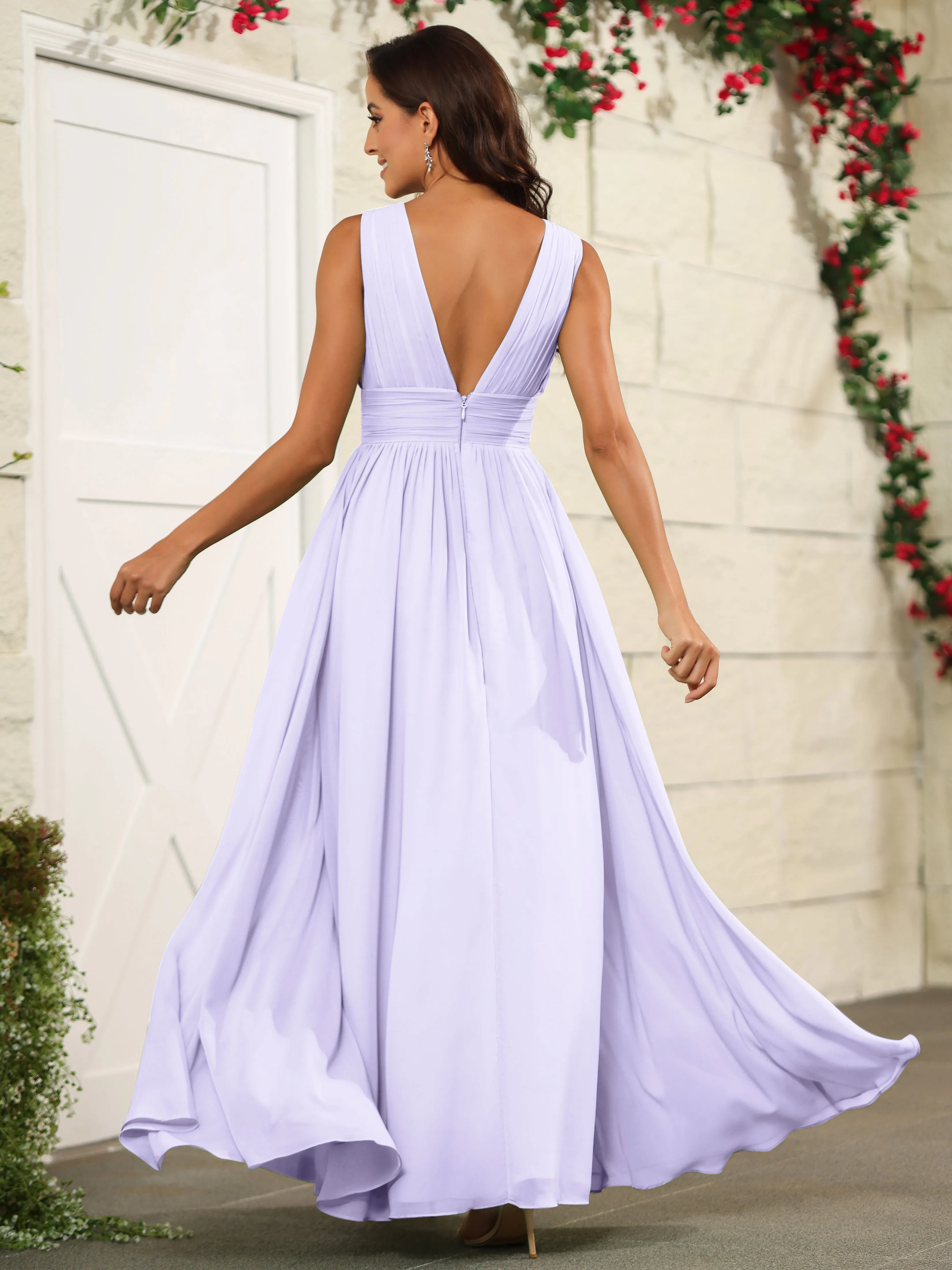 Charming V-Neck Chiffon Floor Length Bridesmaid Dresses with Split