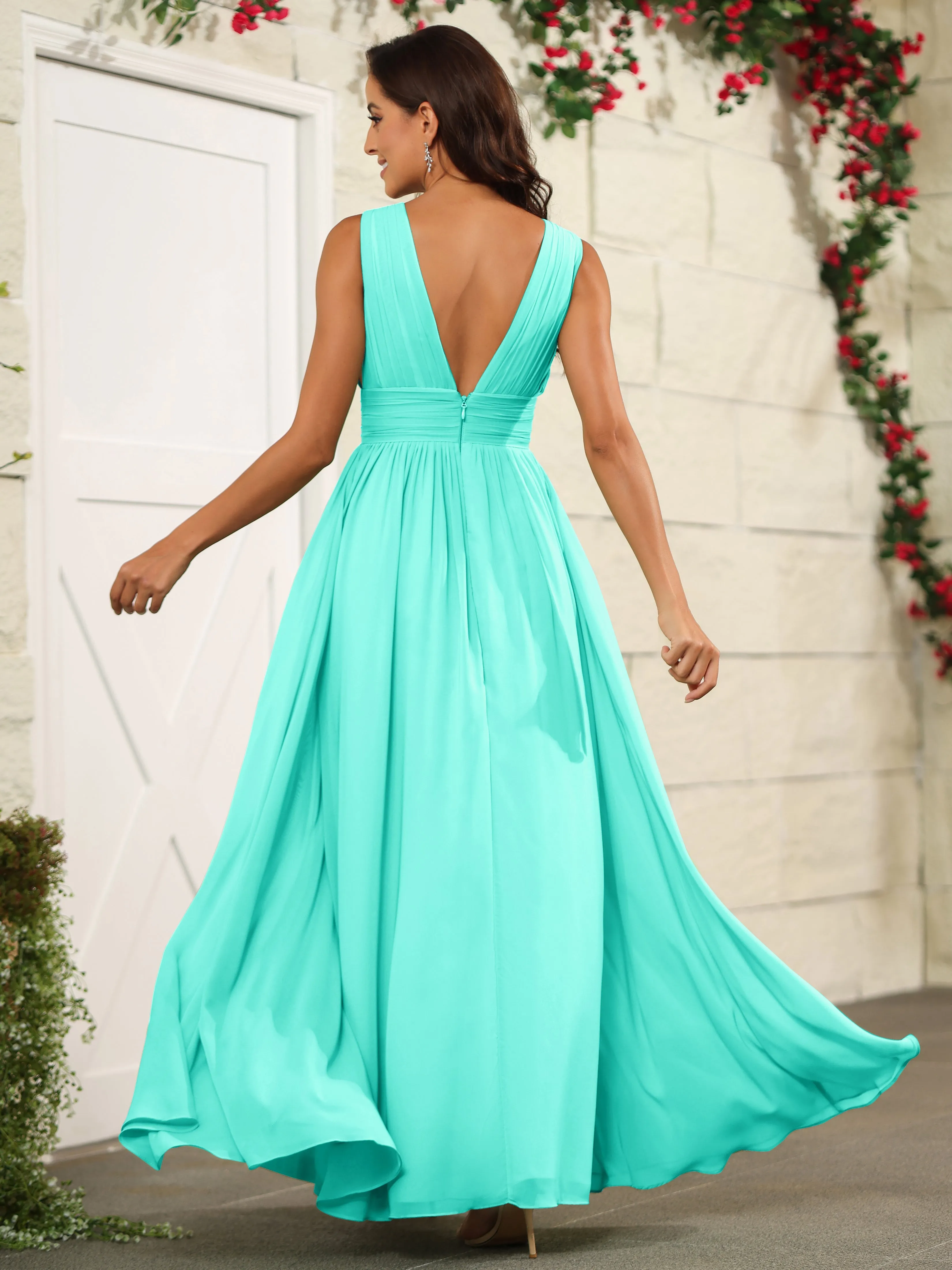 Charming V-Neck Chiffon Floor Length Bridesmaid Dresses with Split