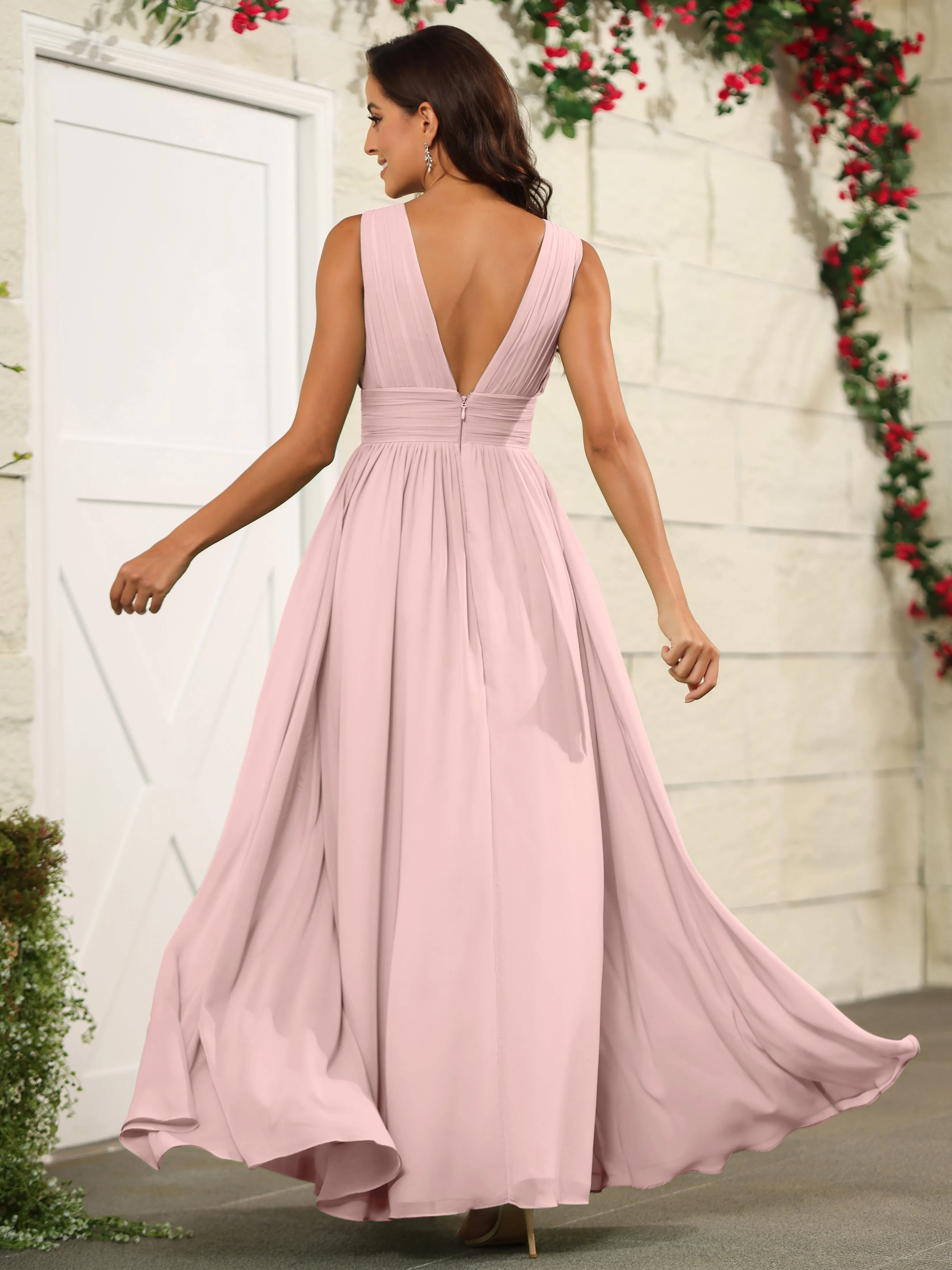Charming V-Neck Chiffon Floor Length Bridesmaid Dresses with Split