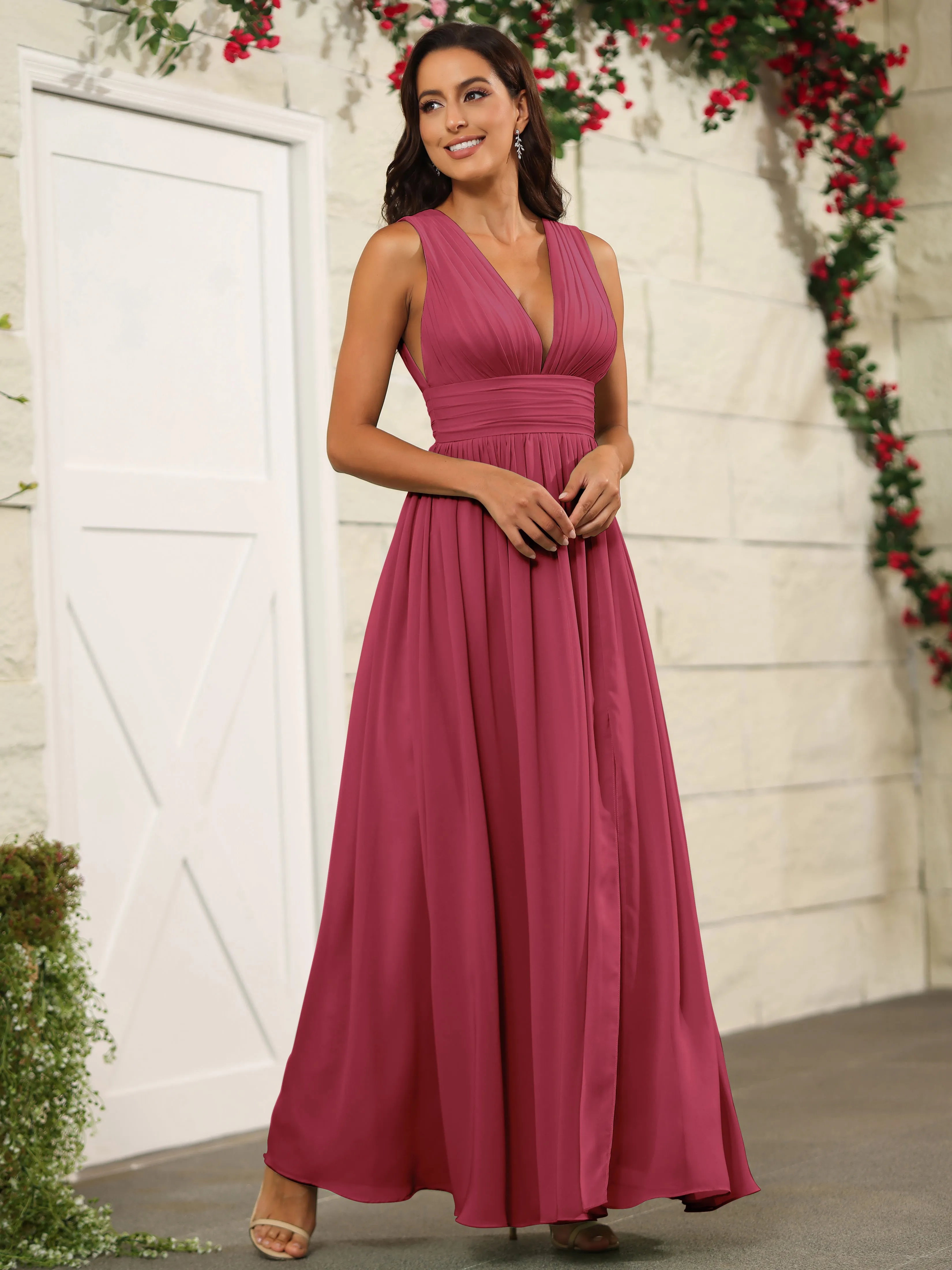 Charming V-Neck Chiffon Floor Length Bridesmaid Dresses with Split