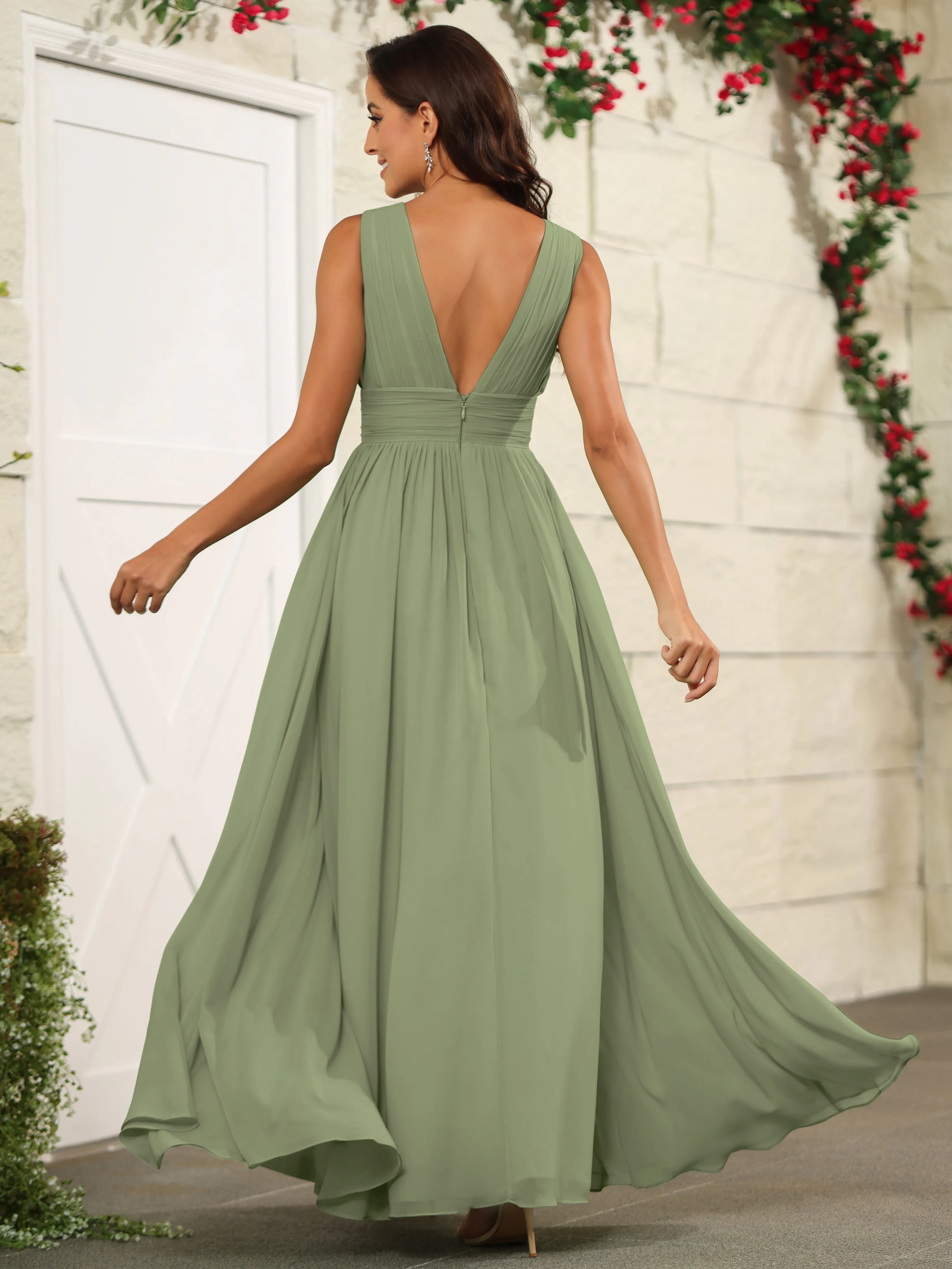 Charming V-Neck Chiffon Floor Length Bridesmaid Dresses with Split