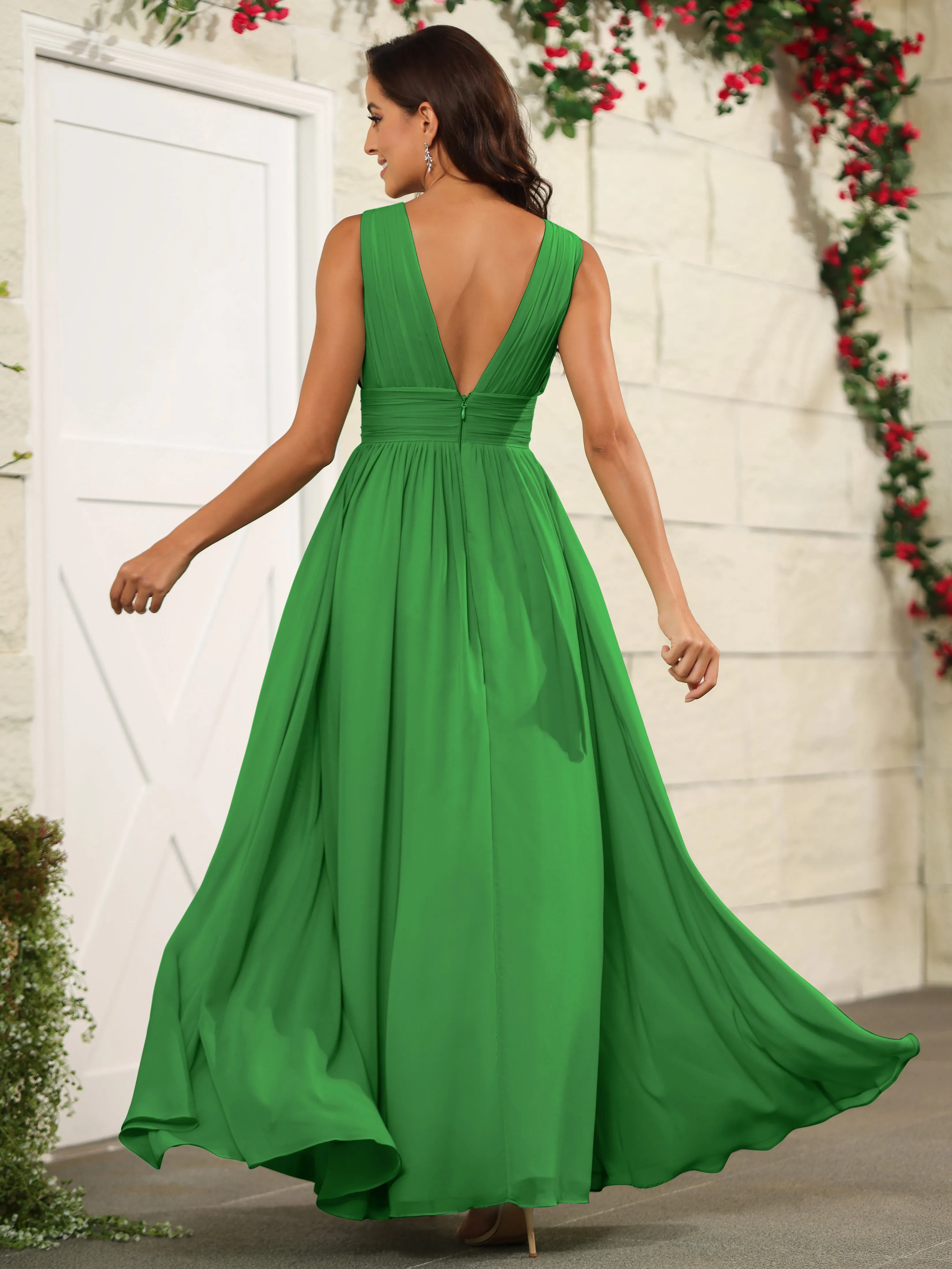 Charming V-Neck Chiffon Floor Length Bridesmaid Dresses with Split