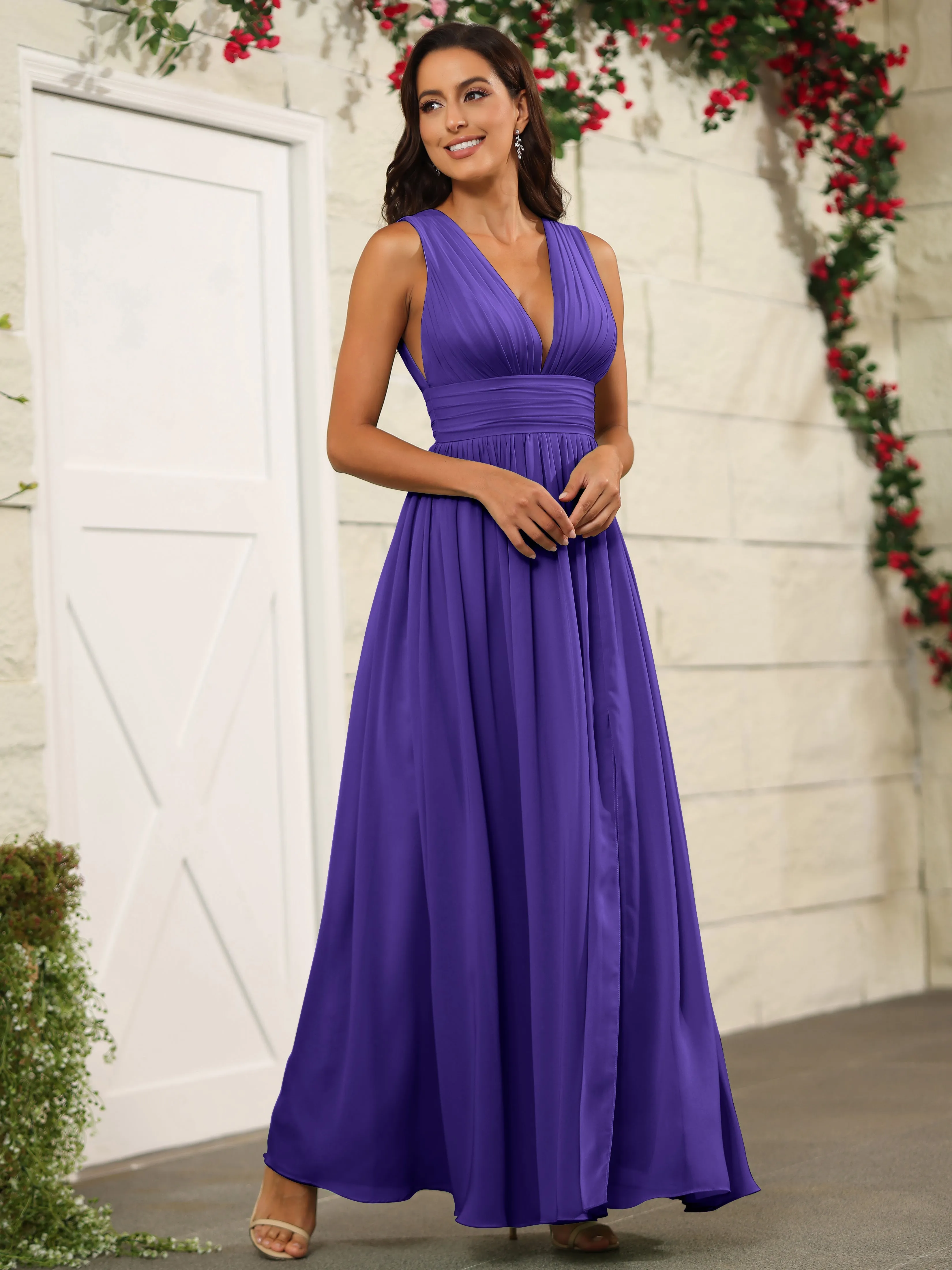 Charming V-Neck Chiffon Floor Length Bridesmaid Dresses with Split