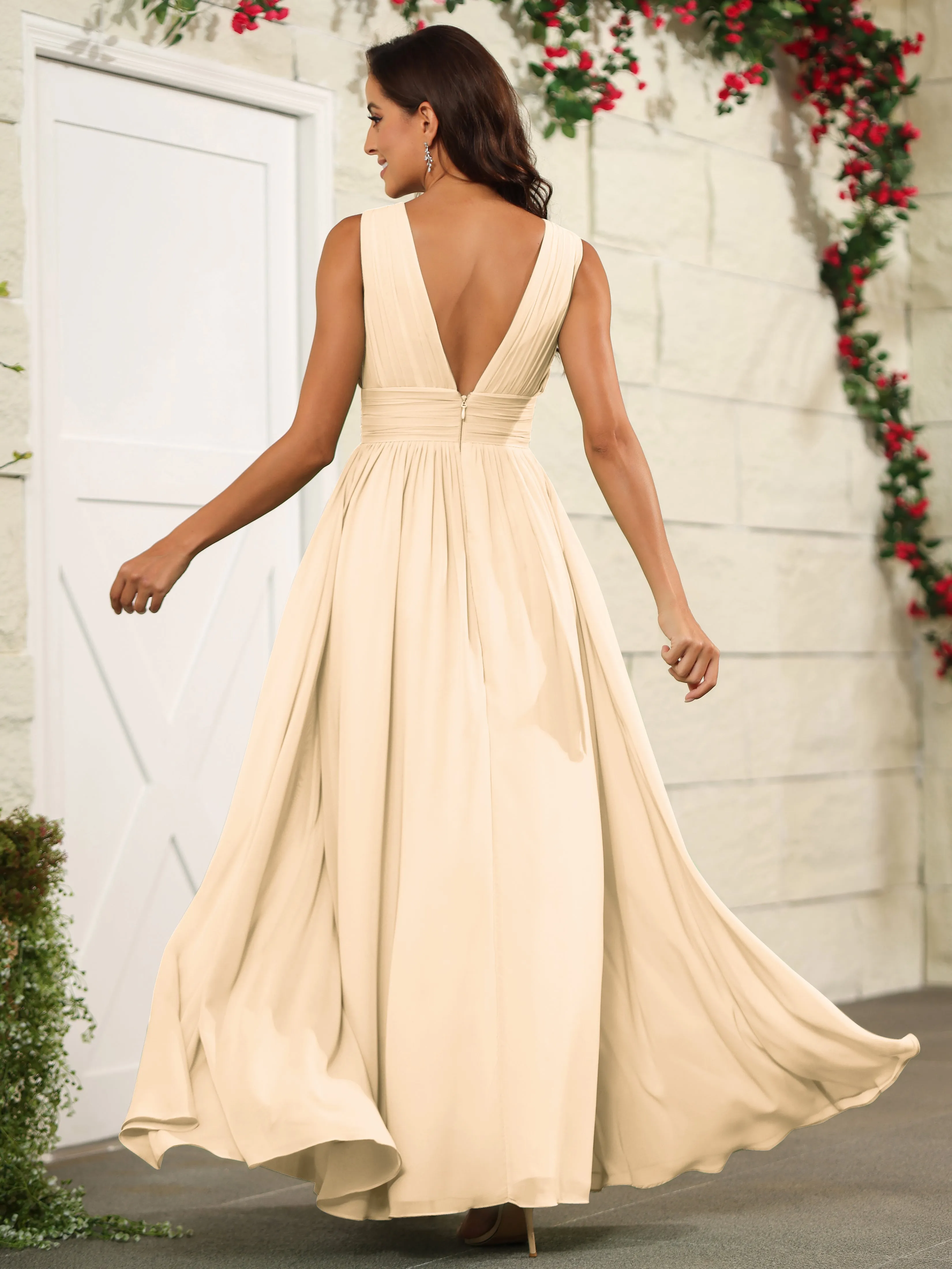 Charming V-Neck Chiffon Floor Length Bridesmaid Dresses with Split
