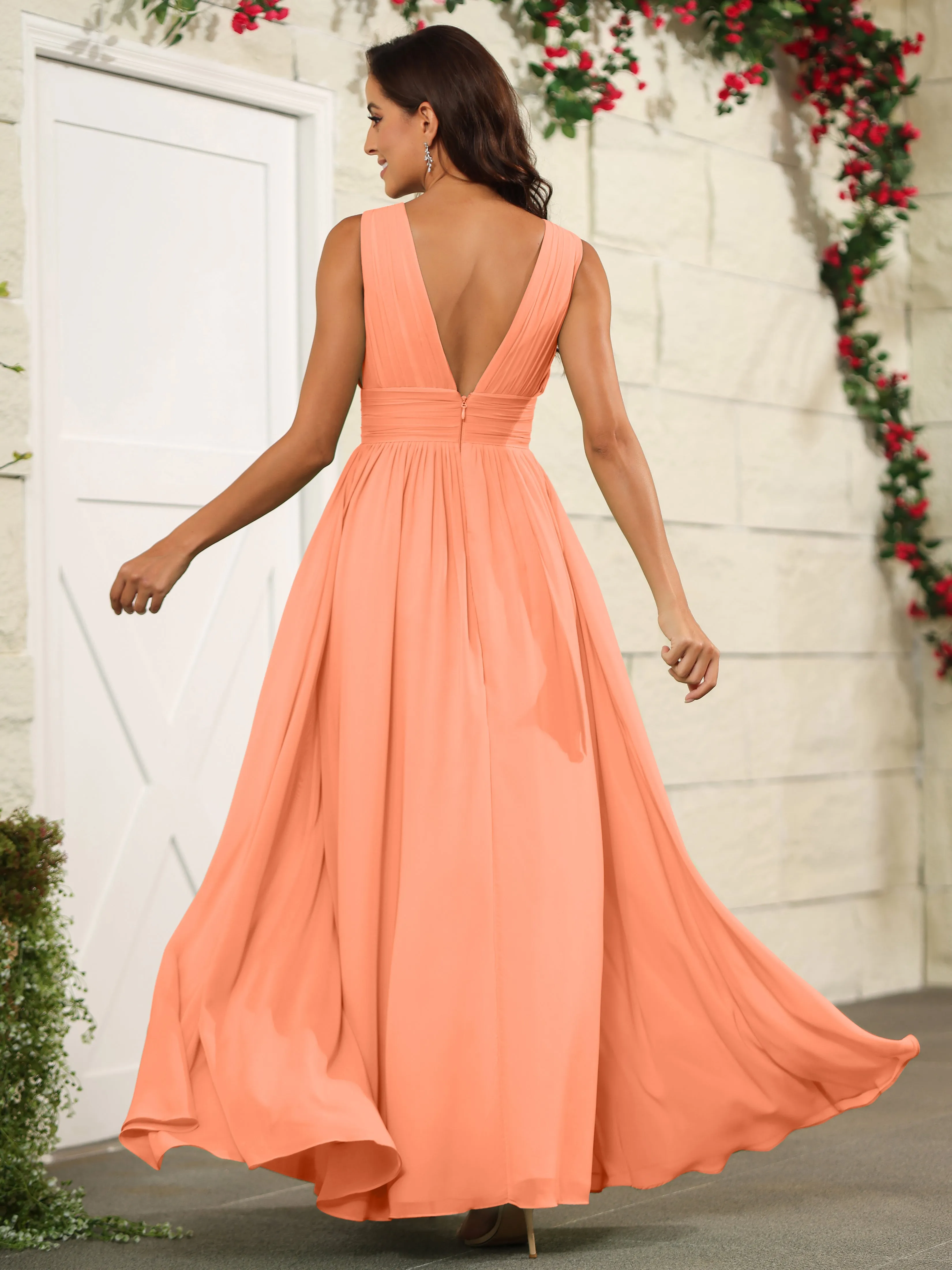 Charming V-Neck Chiffon Floor Length Bridesmaid Dresses with Split
