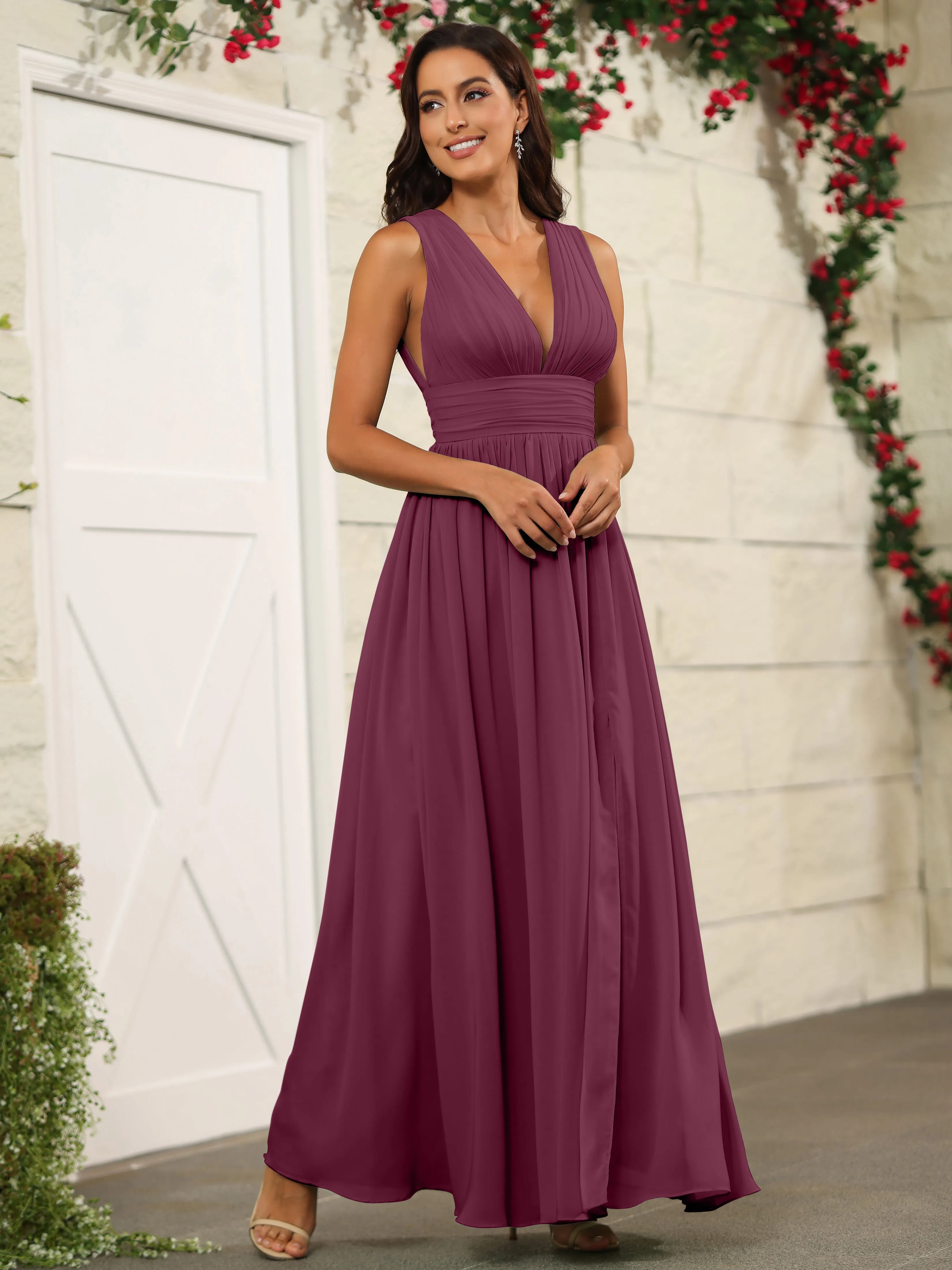 Charming V-Neck Chiffon Floor Length Bridesmaid Dresses with Split