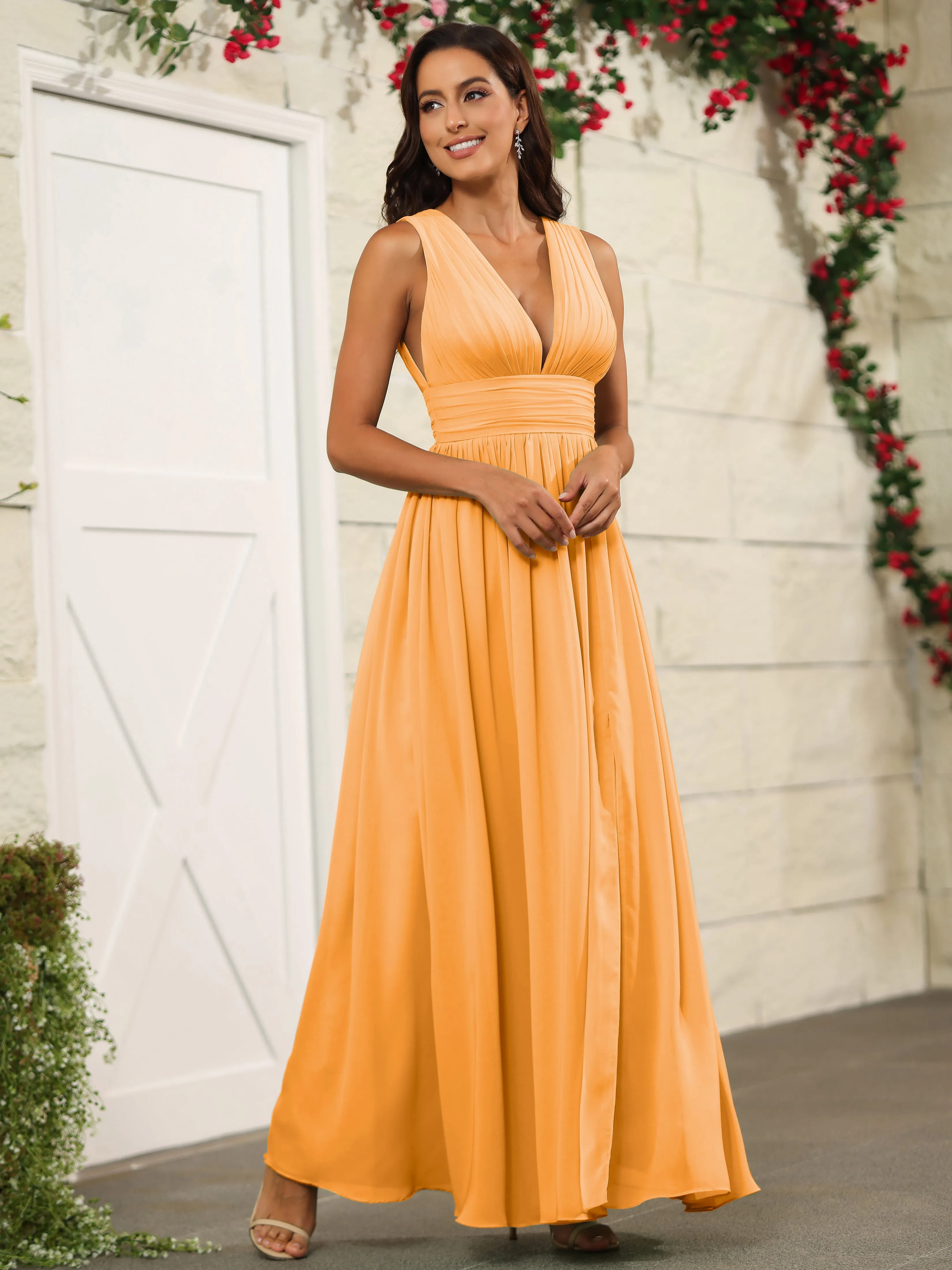 Charming V-Neck Chiffon Floor Length Bridesmaid Dresses with Split