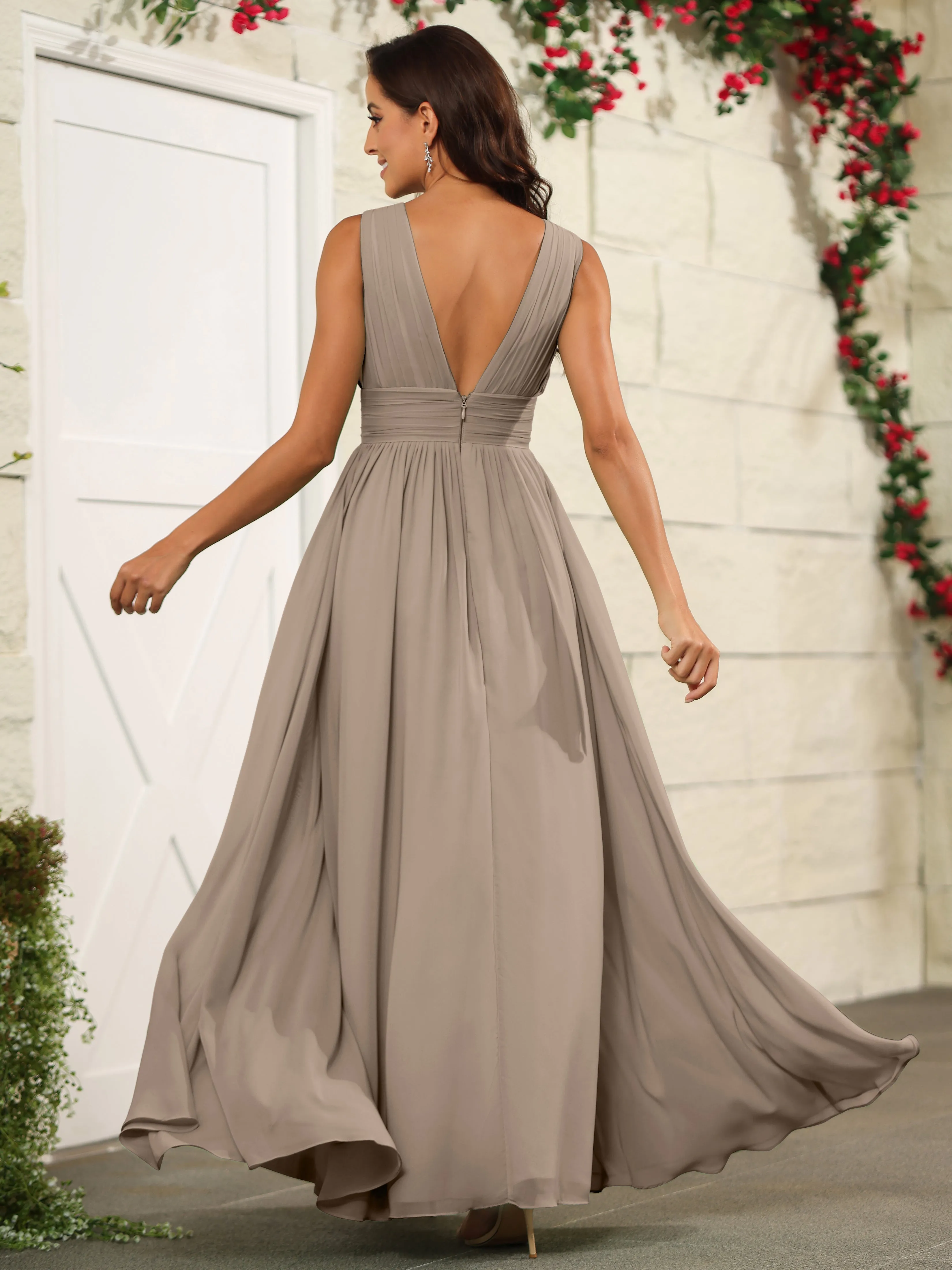 Charming V-Neck Chiffon Floor Length Bridesmaid Dresses with Split