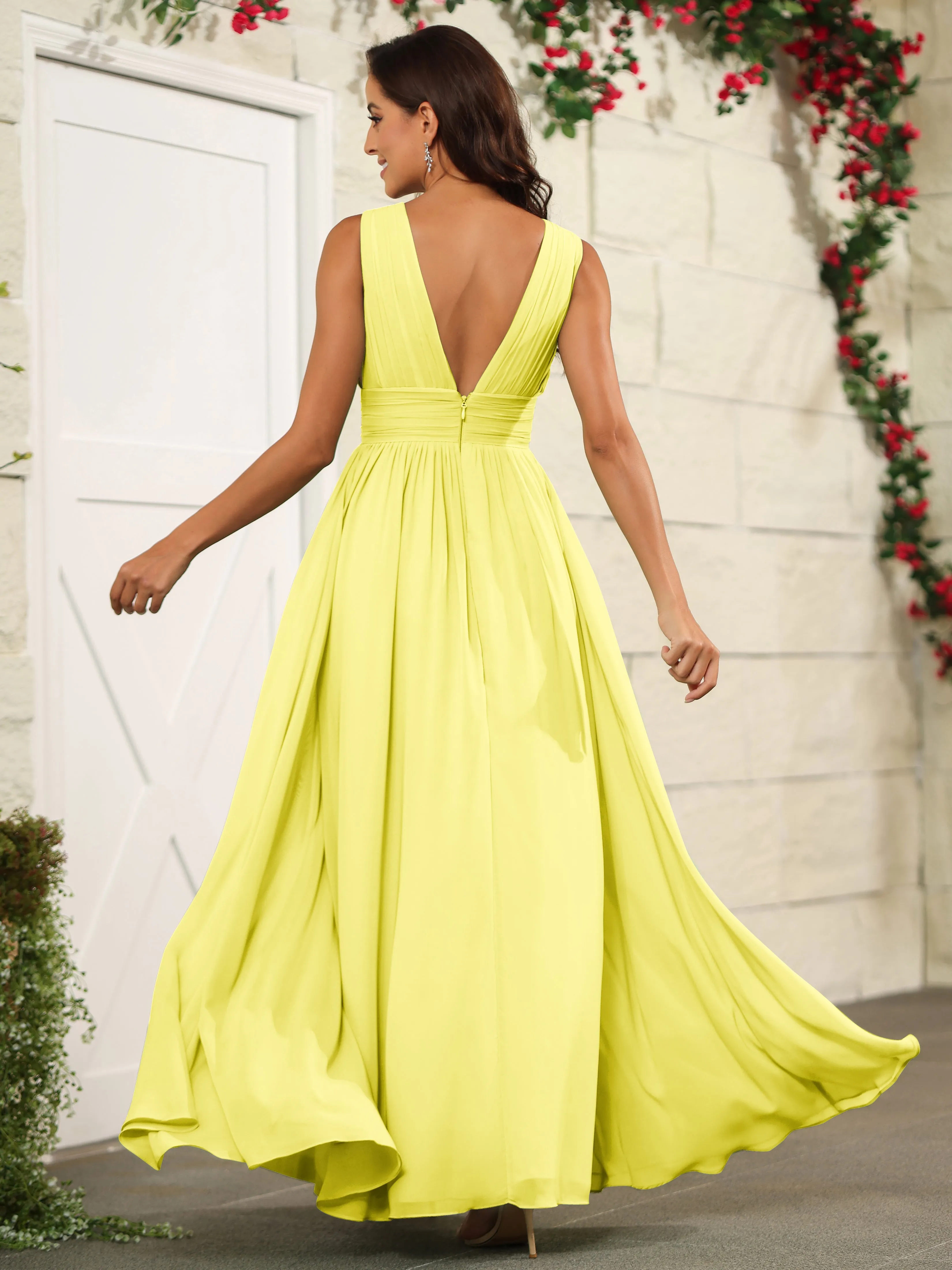 Charming V-Neck Chiffon Floor Length Bridesmaid Dresses with Split