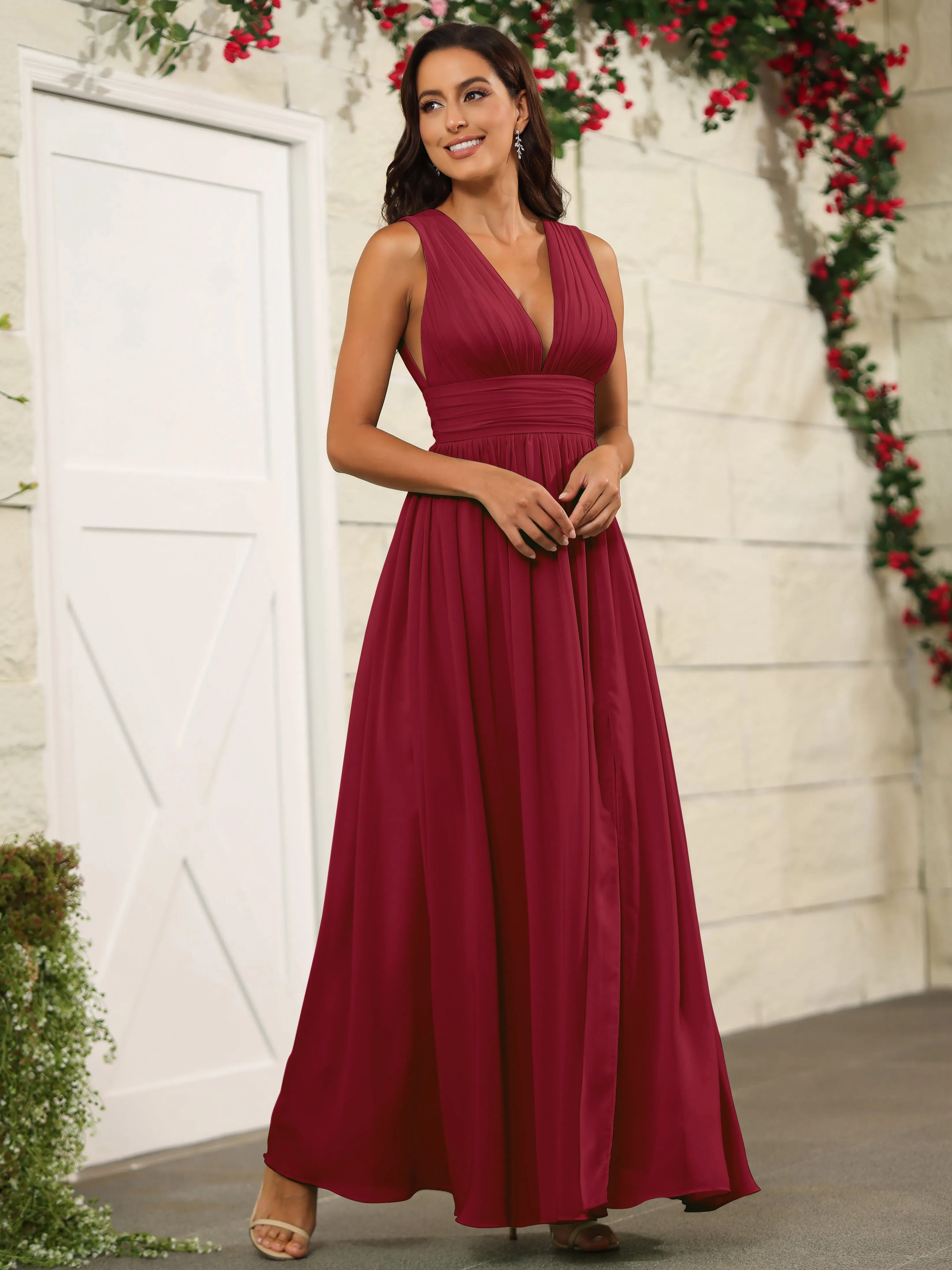 Charming V-Neck Chiffon Floor Length Bridesmaid Dresses with Split
