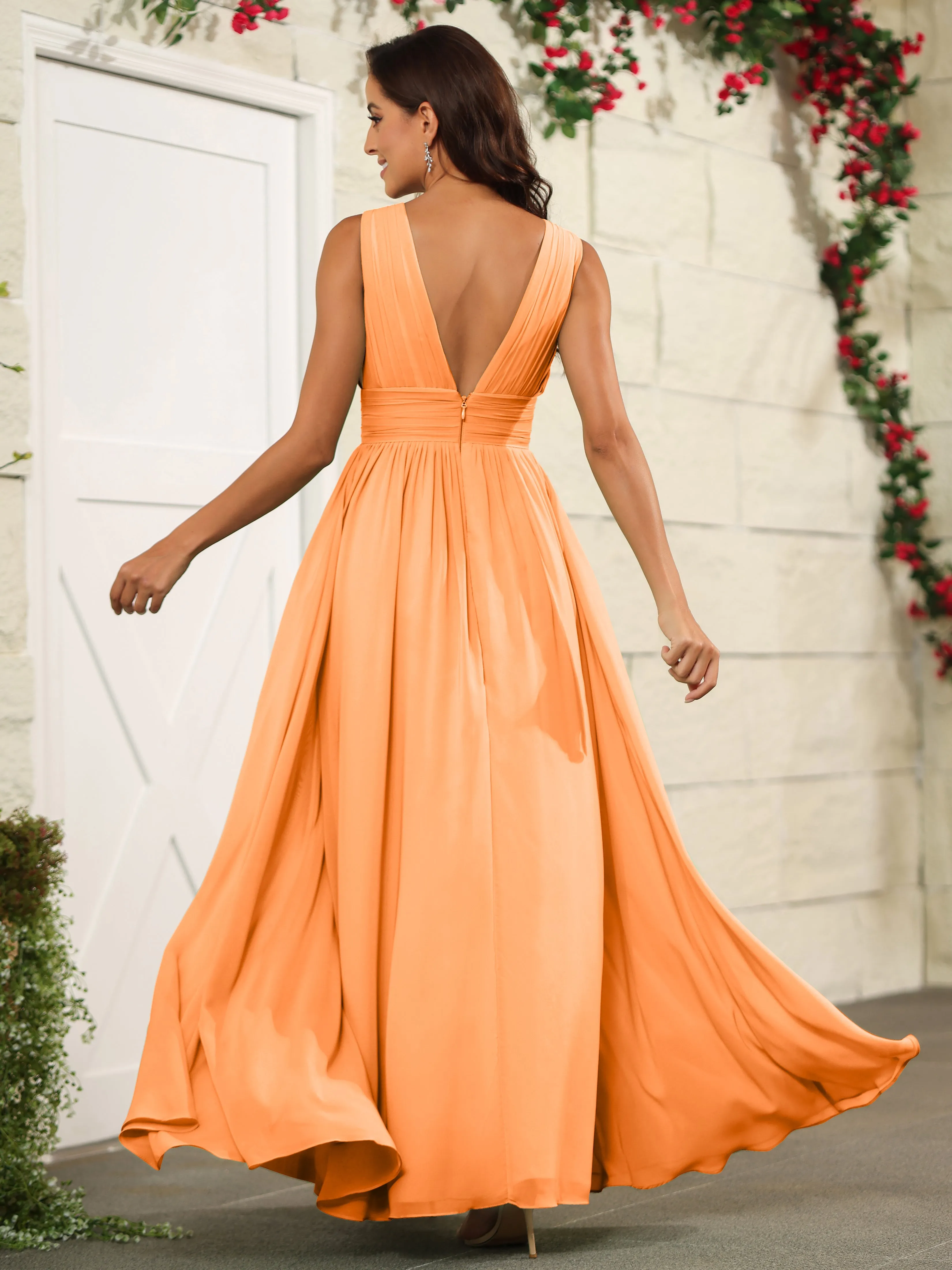 Charming V-Neck Chiffon Floor Length Bridesmaid Dresses with Split