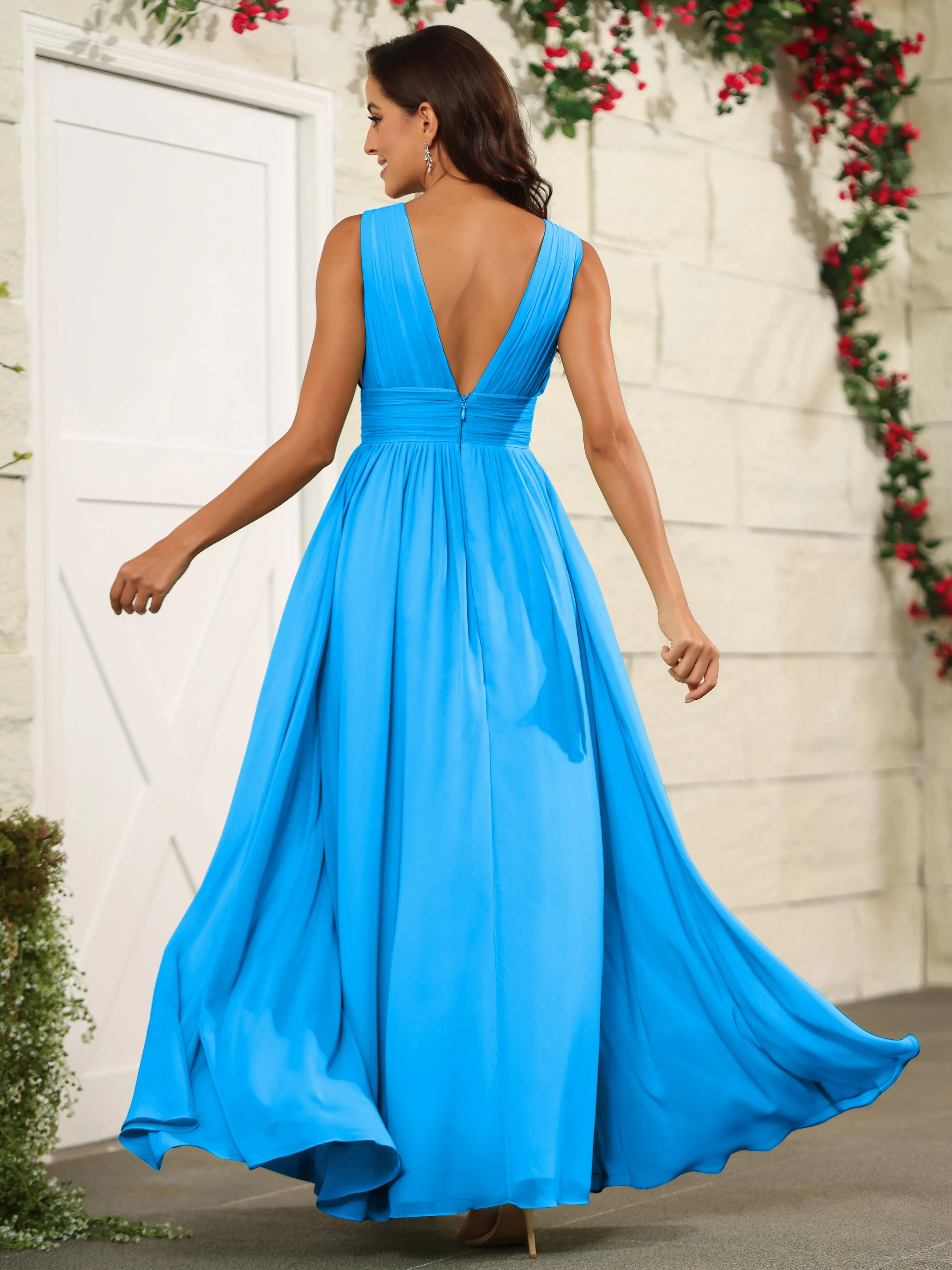 Charming V-Neck Chiffon Floor Length Bridesmaid Dresses with Split