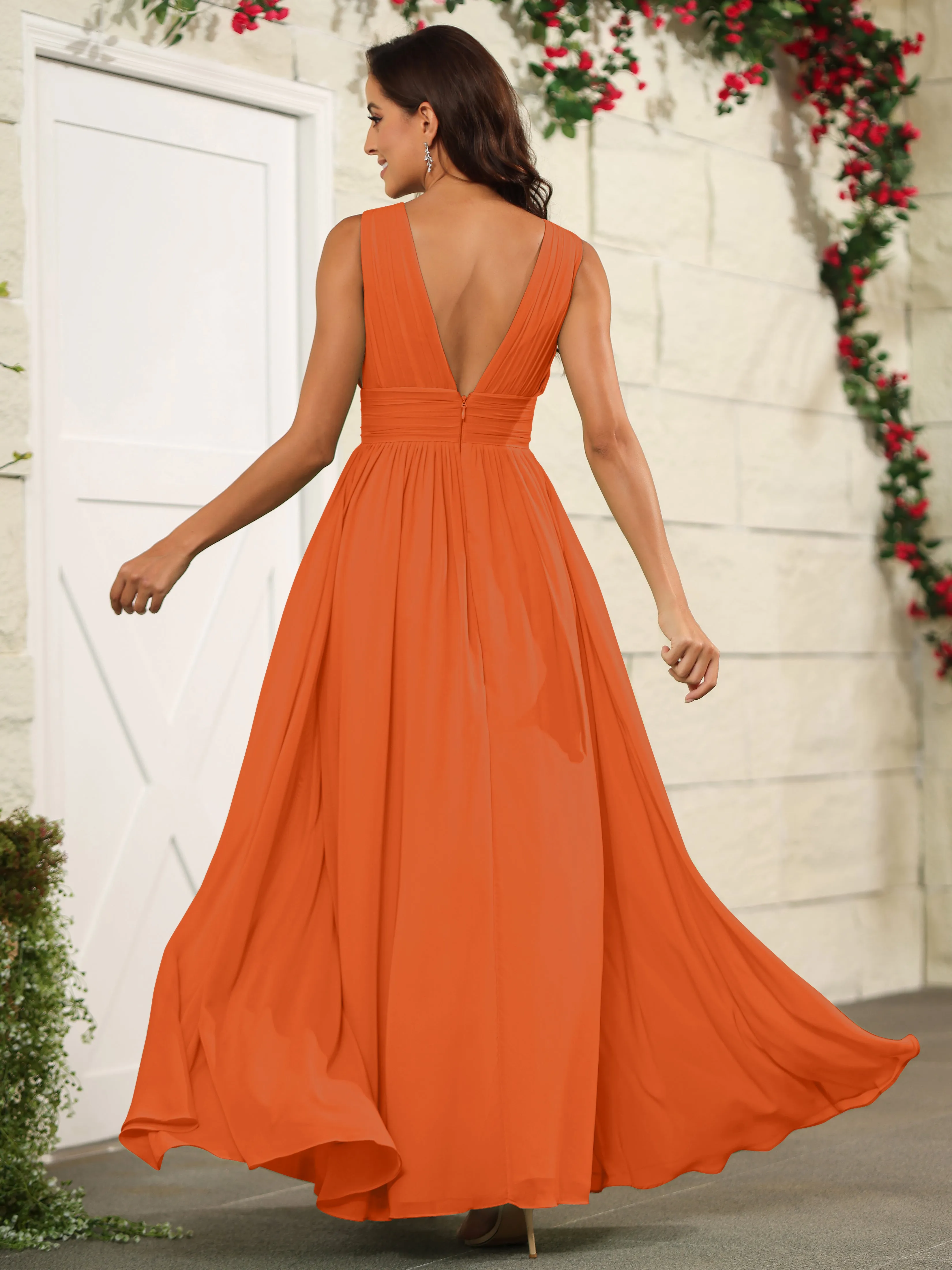 Charming V-Neck Chiffon Floor Length Bridesmaid Dresses with Split