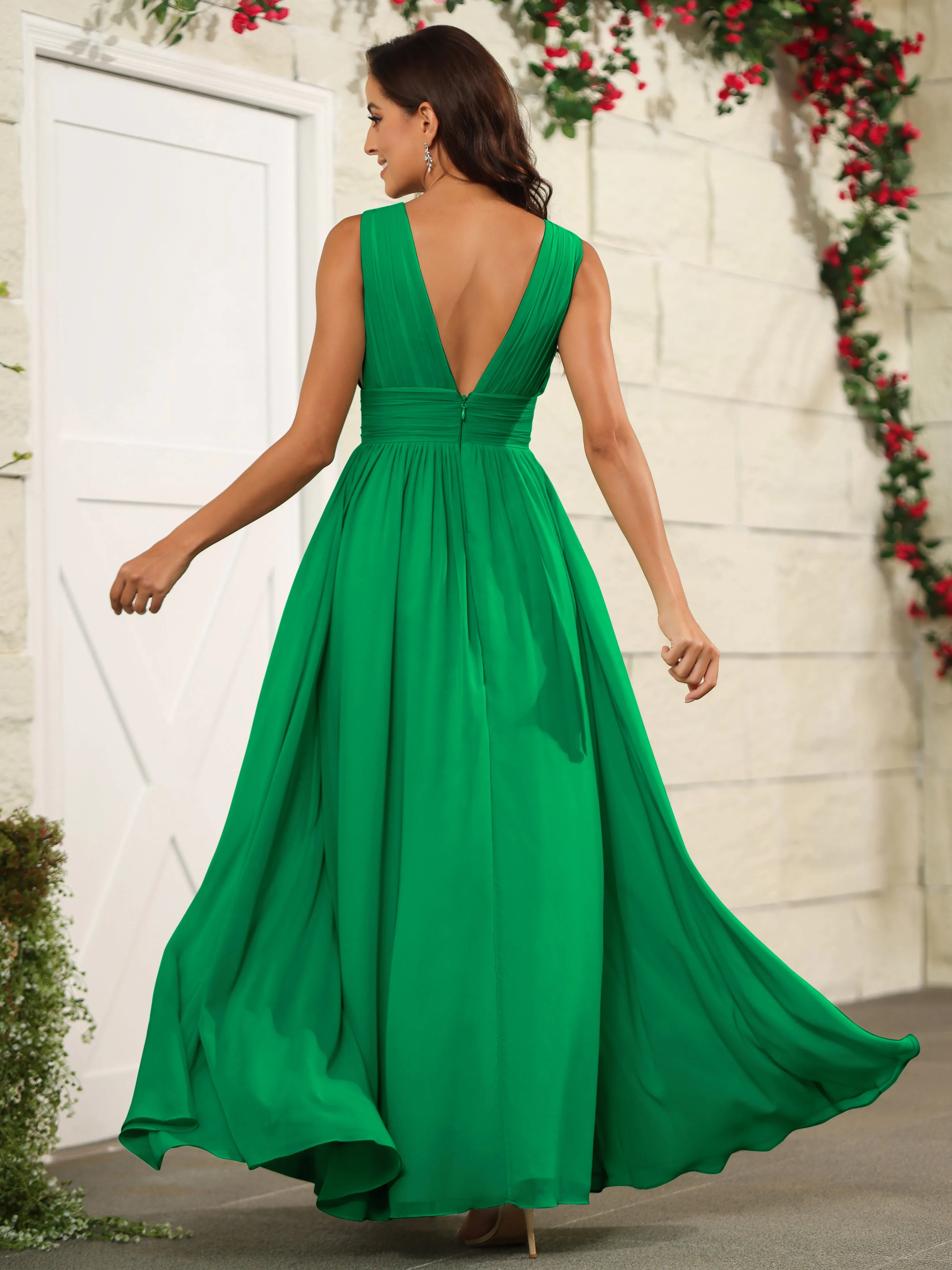 Charming V-Neck Chiffon Floor Length Bridesmaid Dresses with Split
