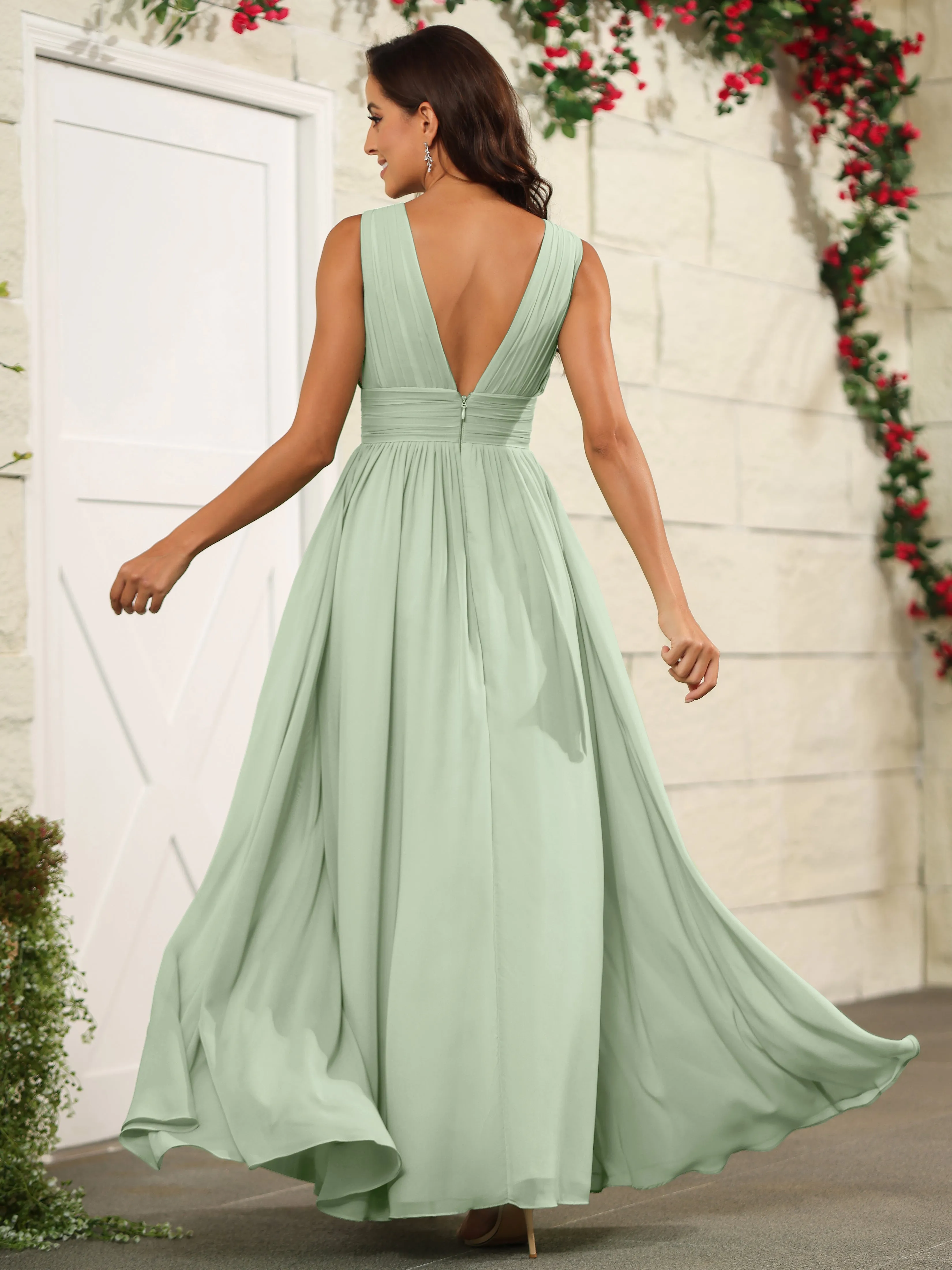 Charming V-Neck Chiffon Floor Length Bridesmaid Dresses with Split