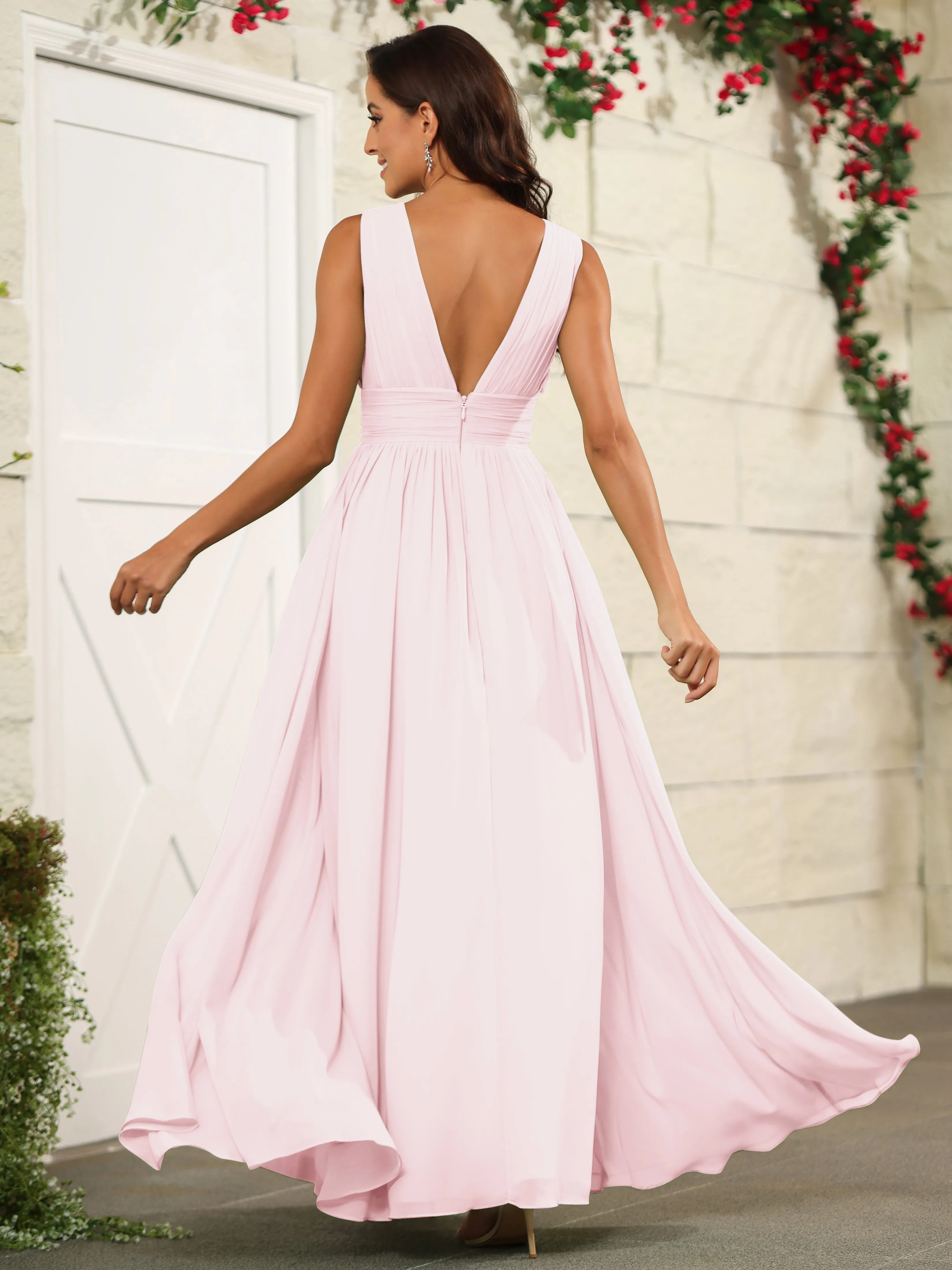 Charming V-Neck Chiffon Floor Length Bridesmaid Dresses with Split