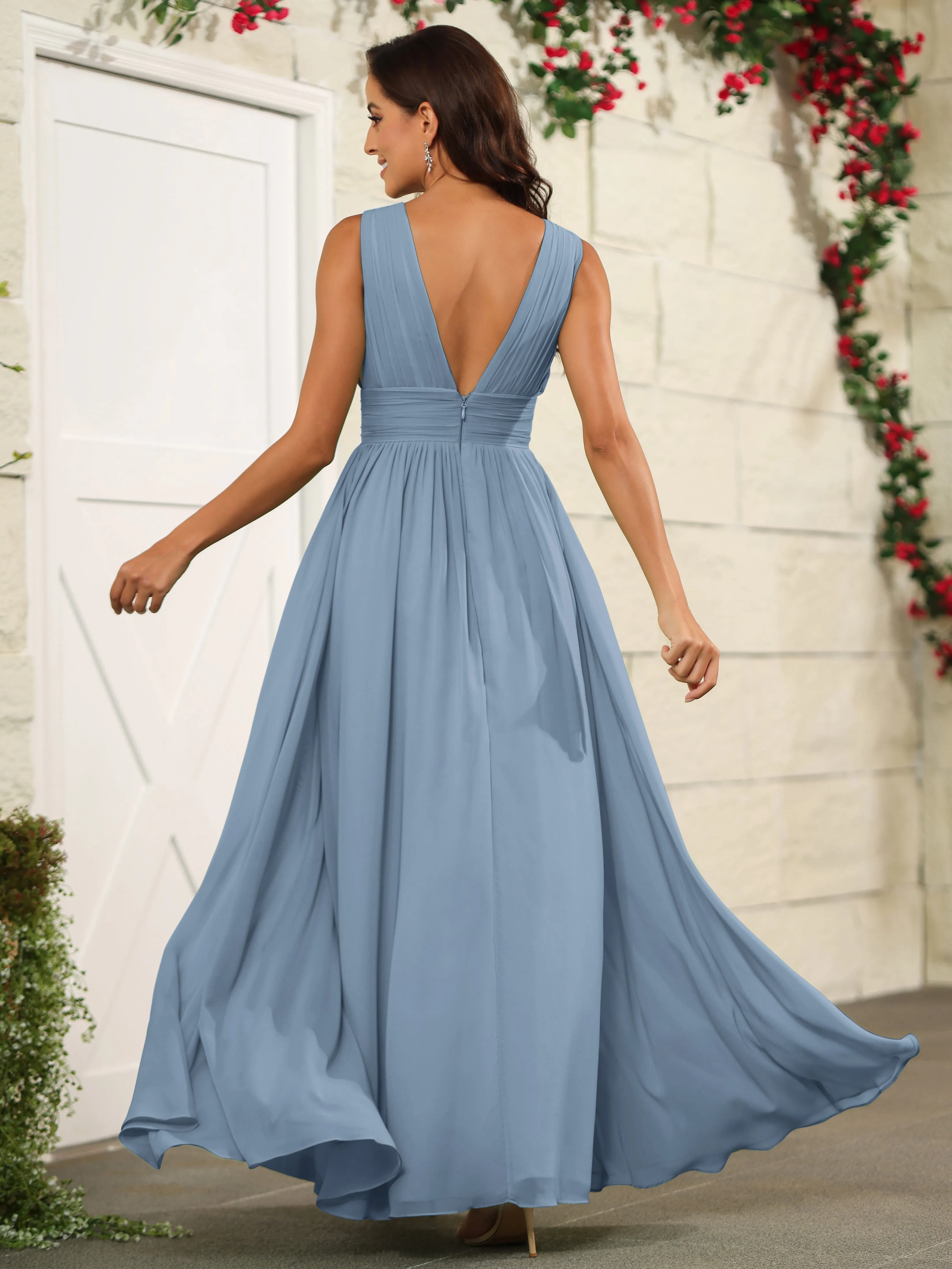 Charming V-Neck Chiffon Floor Length Bridesmaid Dresses with Split