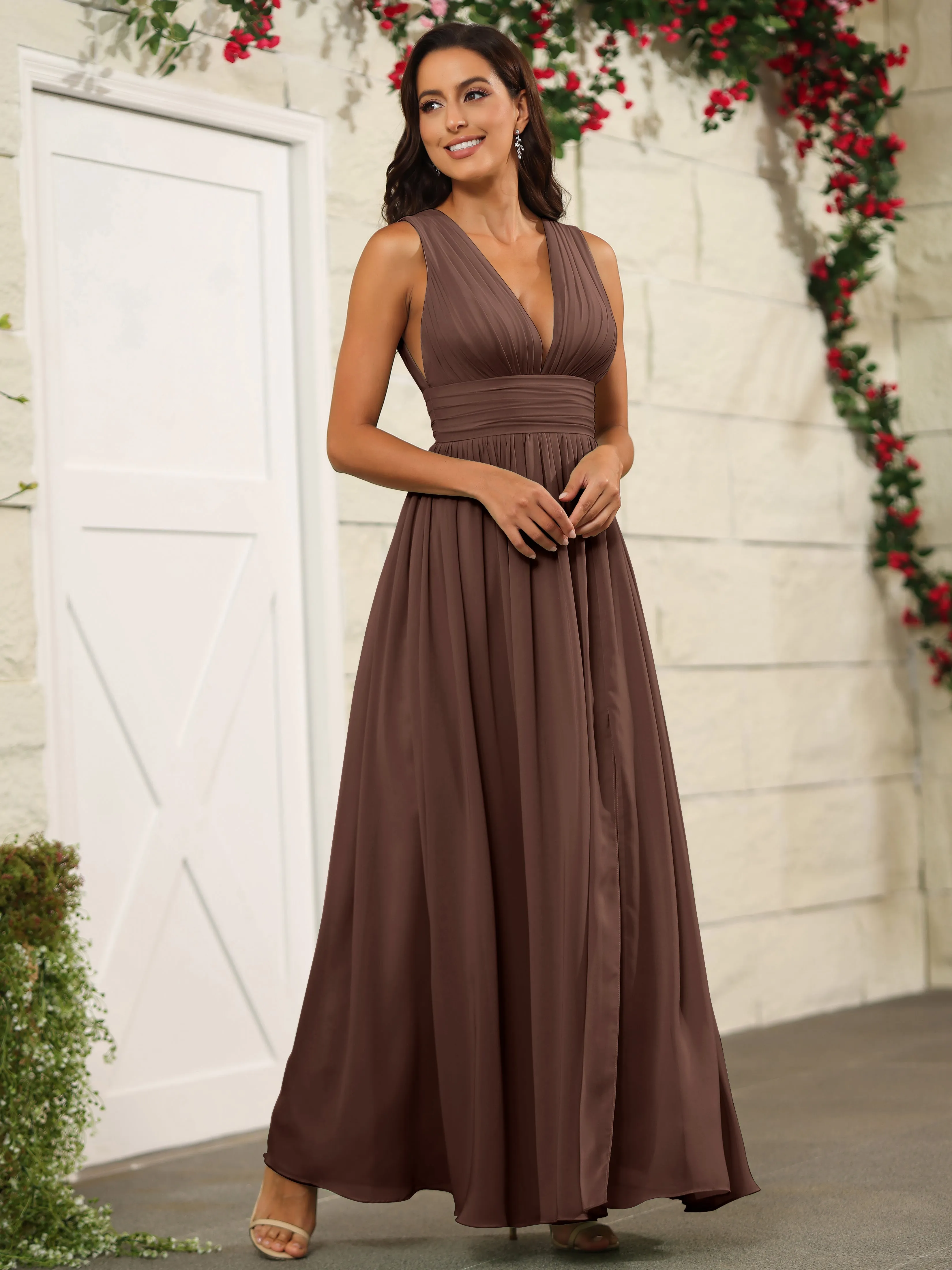 Charming V-Neck Chiffon Floor Length Bridesmaid Dresses with Split