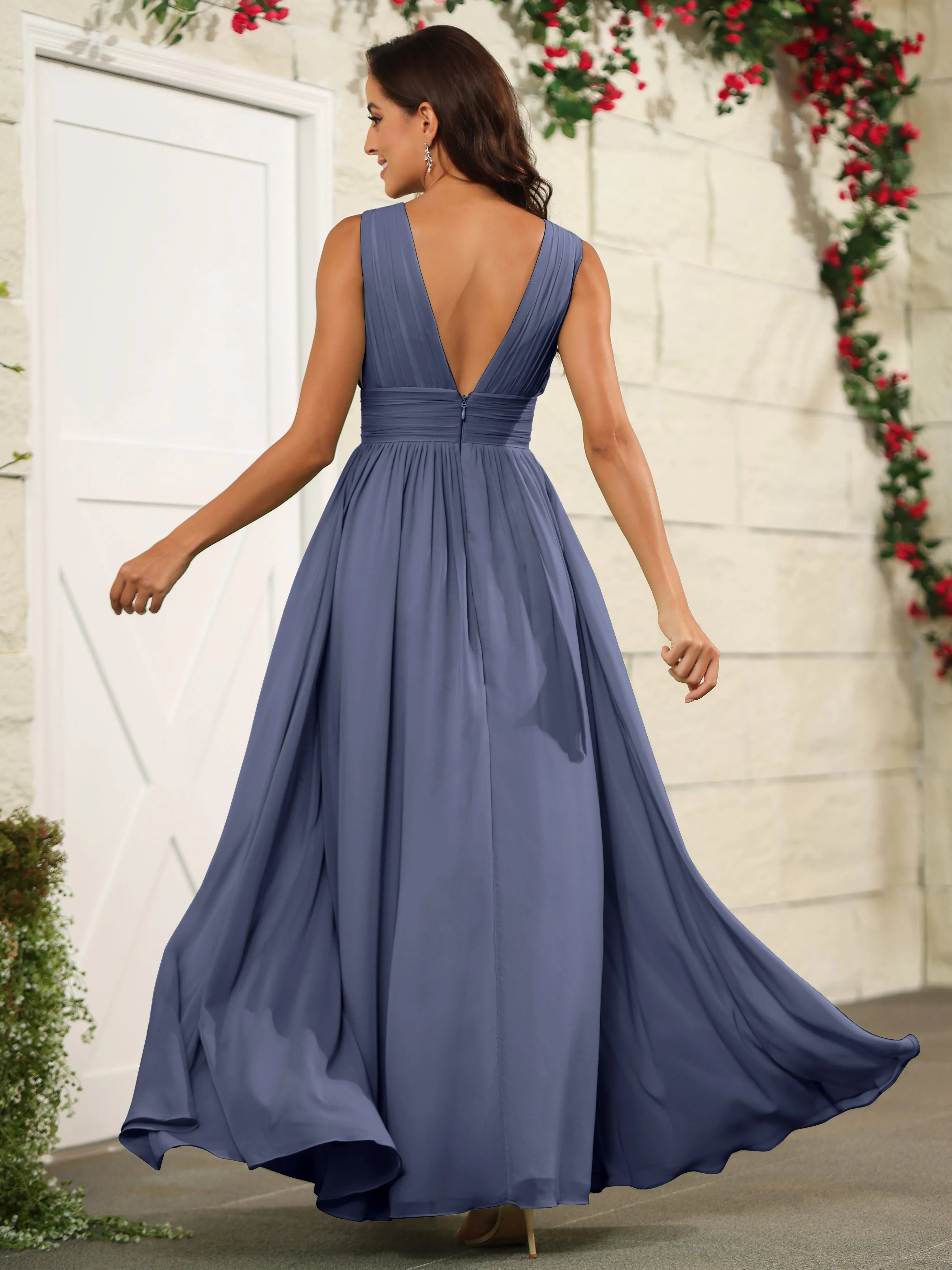Charming V-Neck Chiffon Floor Length Bridesmaid Dresses with Split