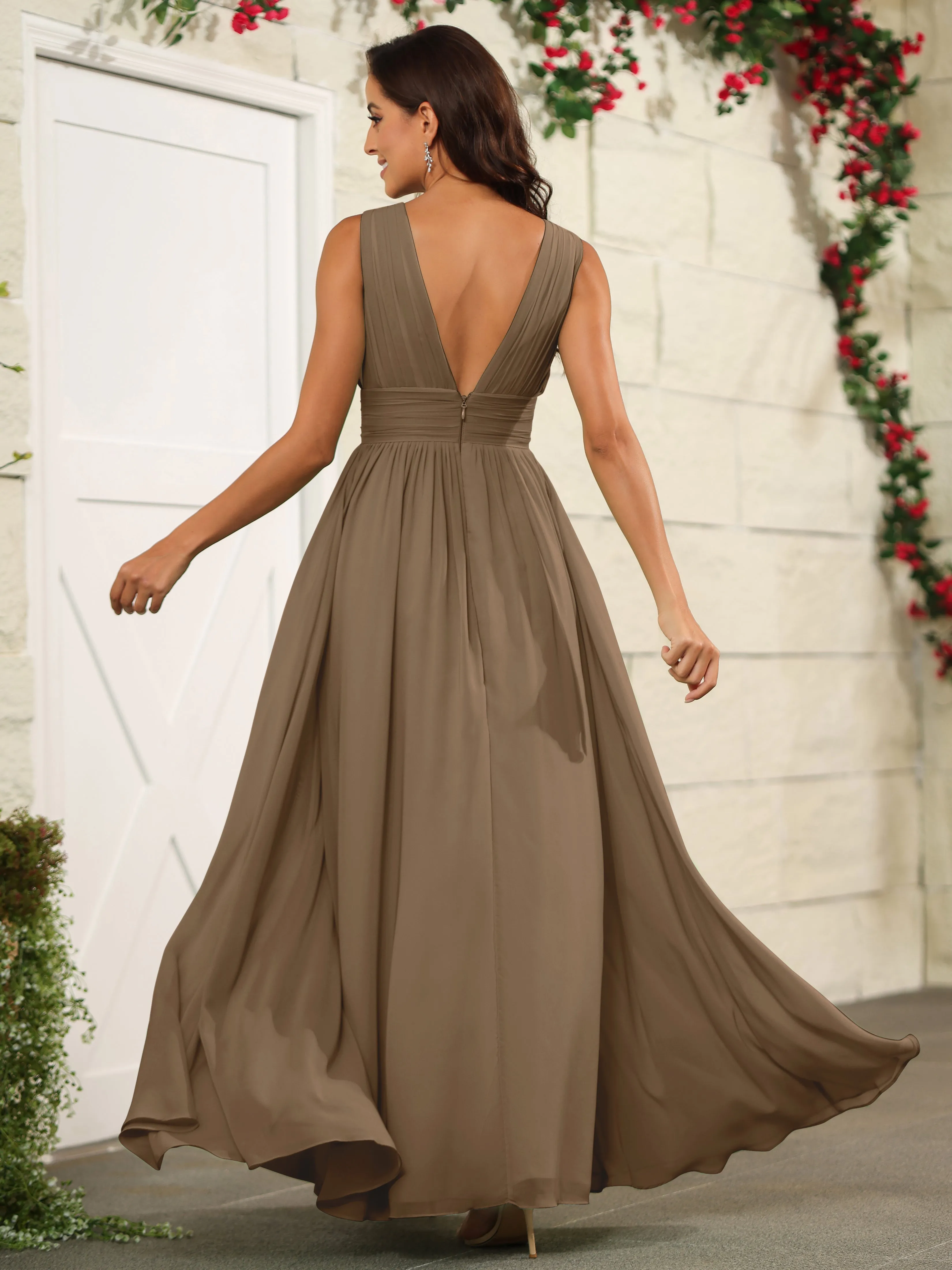 Charming V-Neck Chiffon Floor Length Bridesmaid Dresses with Split