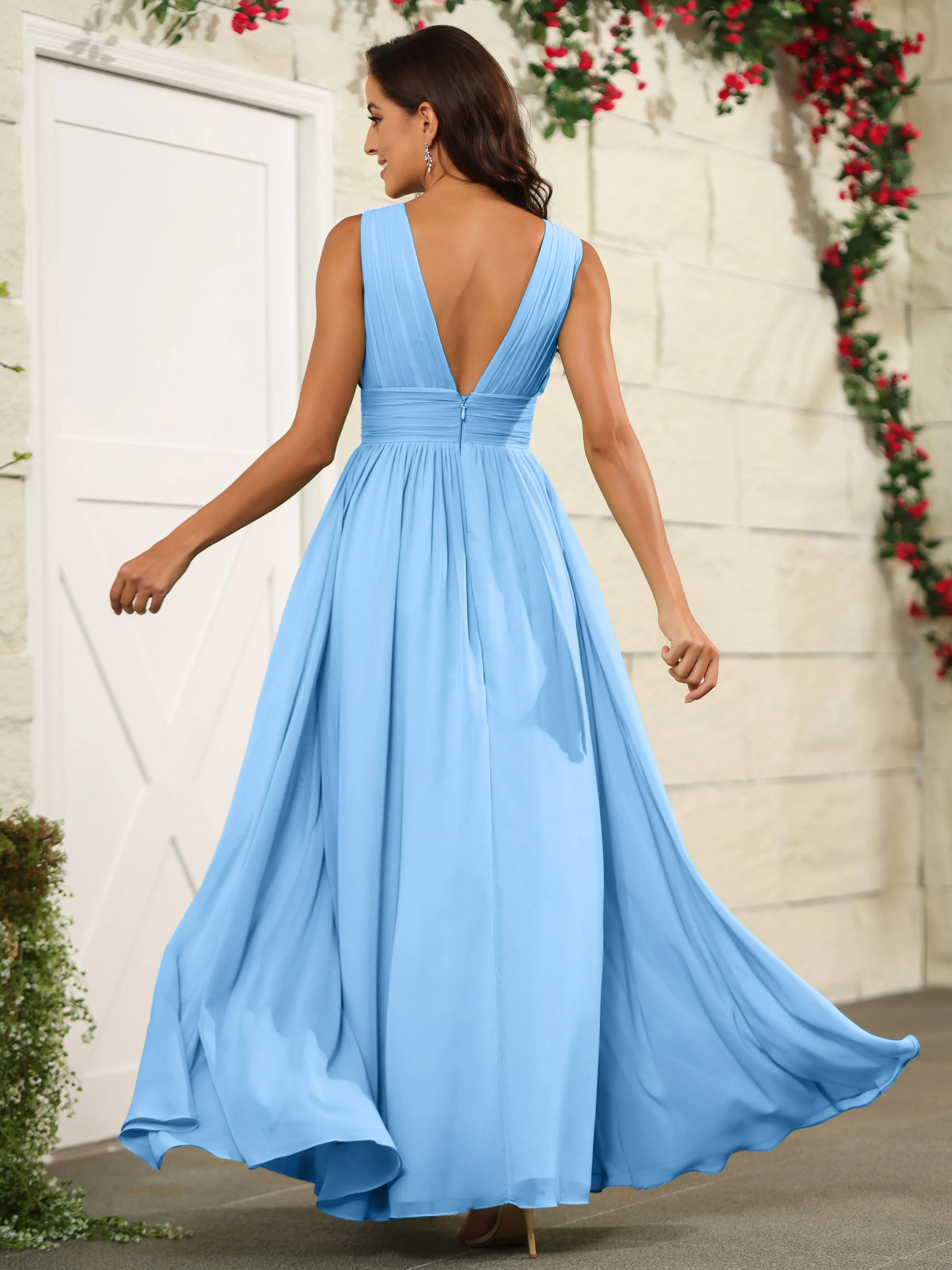 Charming V-Neck Chiffon Floor Length Bridesmaid Dresses with Split