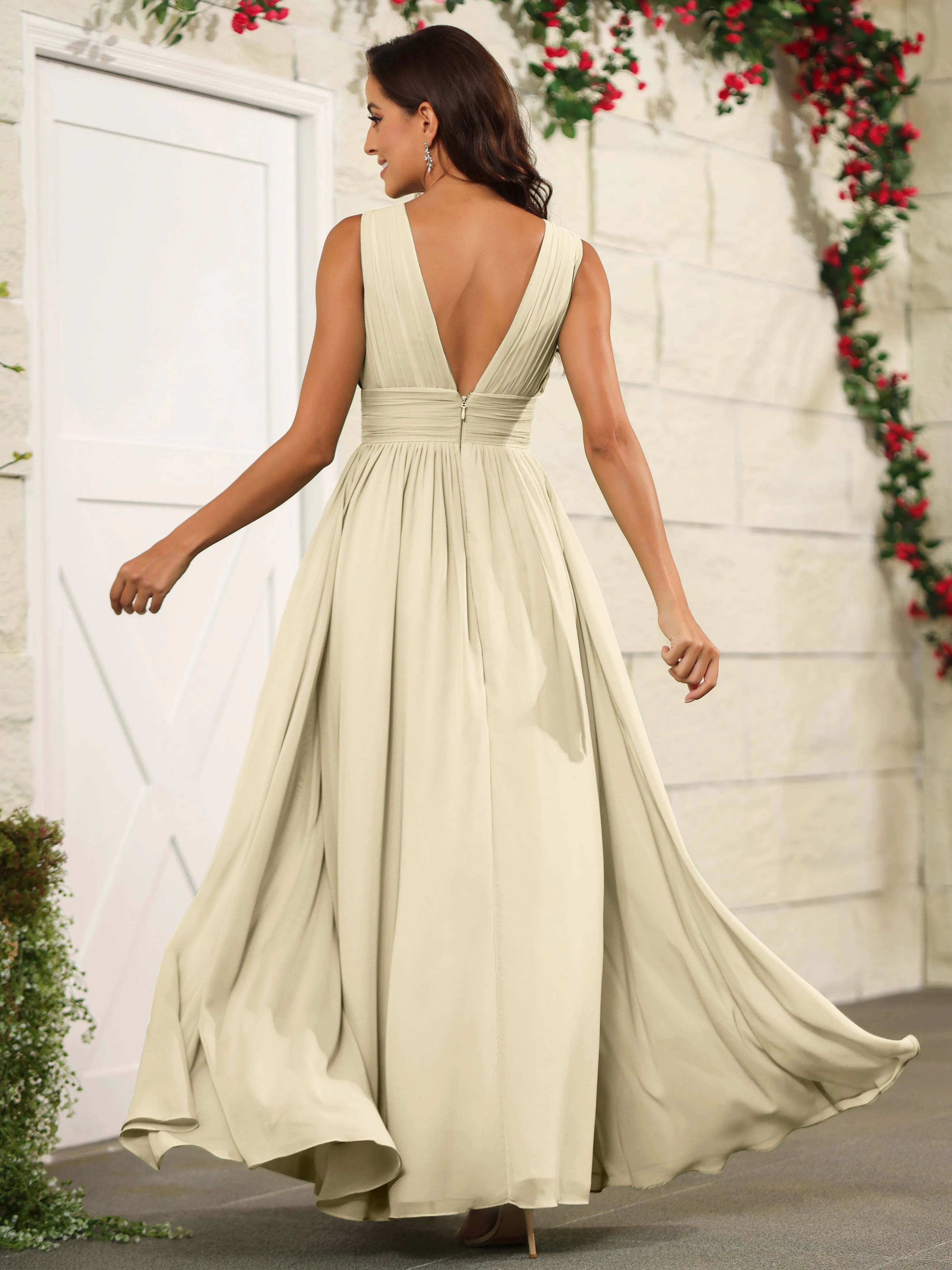 Charming V-Neck Chiffon Floor Length Bridesmaid Dresses with Split