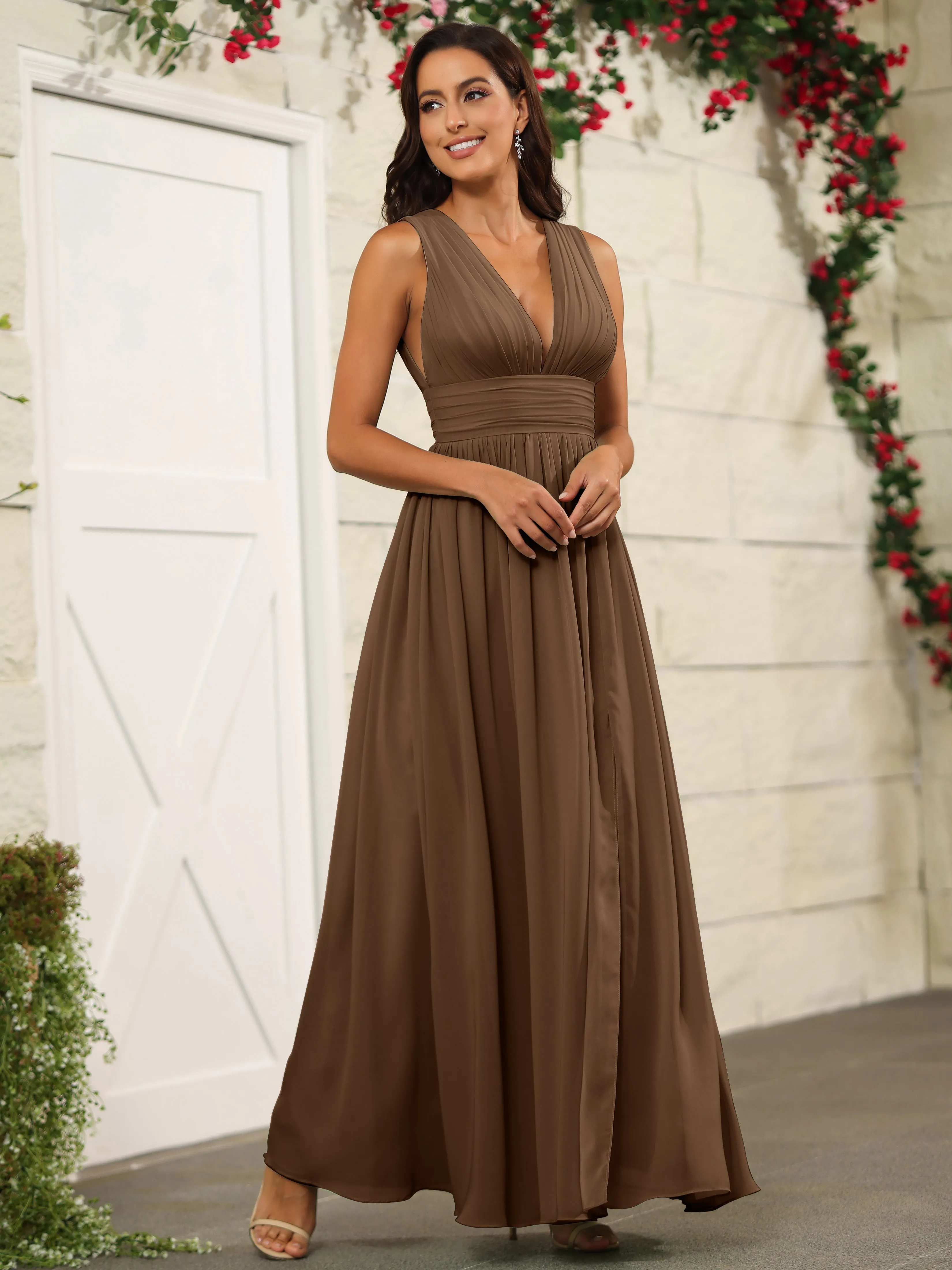Charming V-Neck Chiffon Floor Length Bridesmaid Dresses with Split