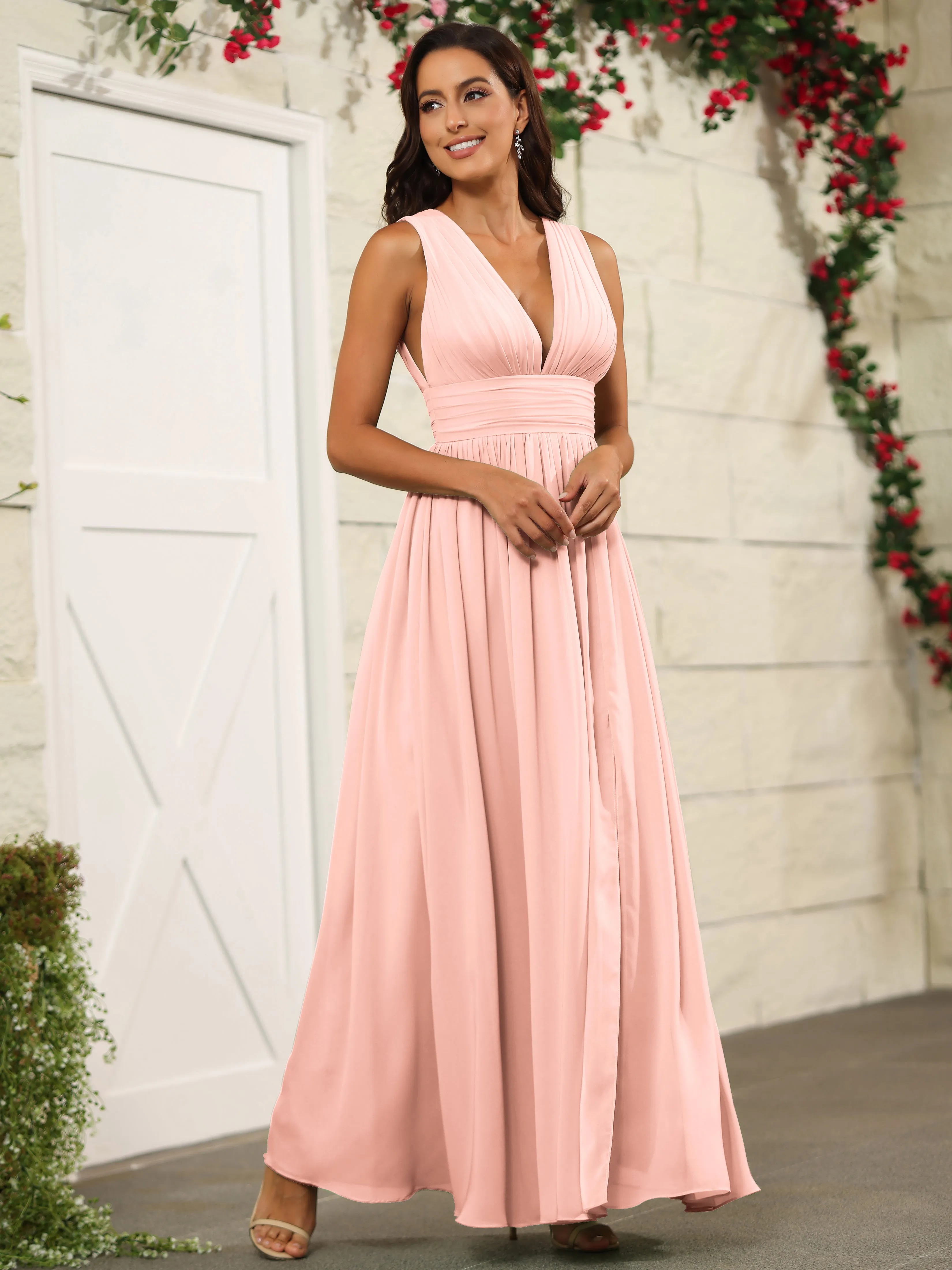 Charming V-Neck Chiffon Floor Length Bridesmaid Dresses with Split
