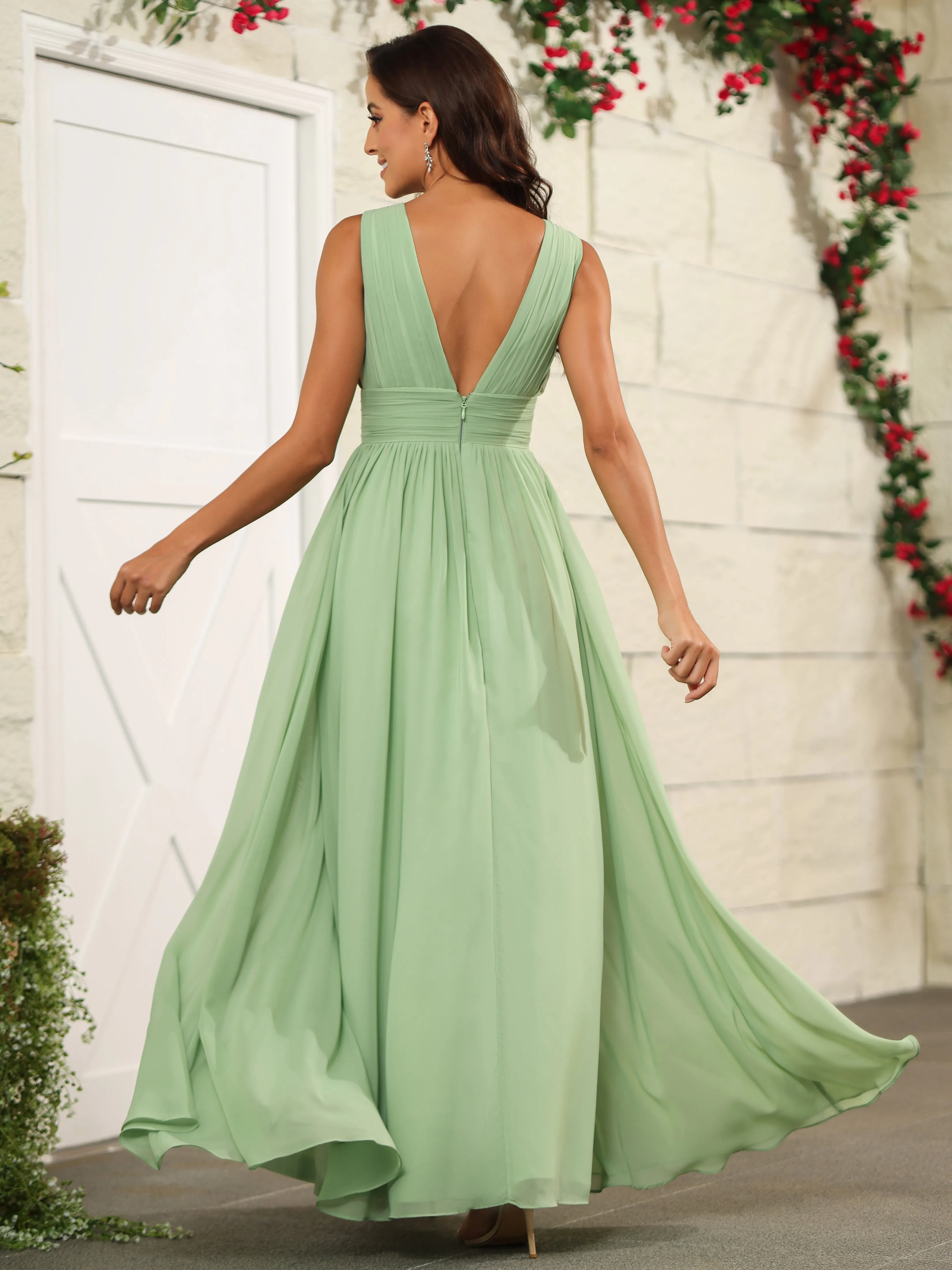 Charming V-Neck Chiffon Floor Length Bridesmaid Dresses with Split