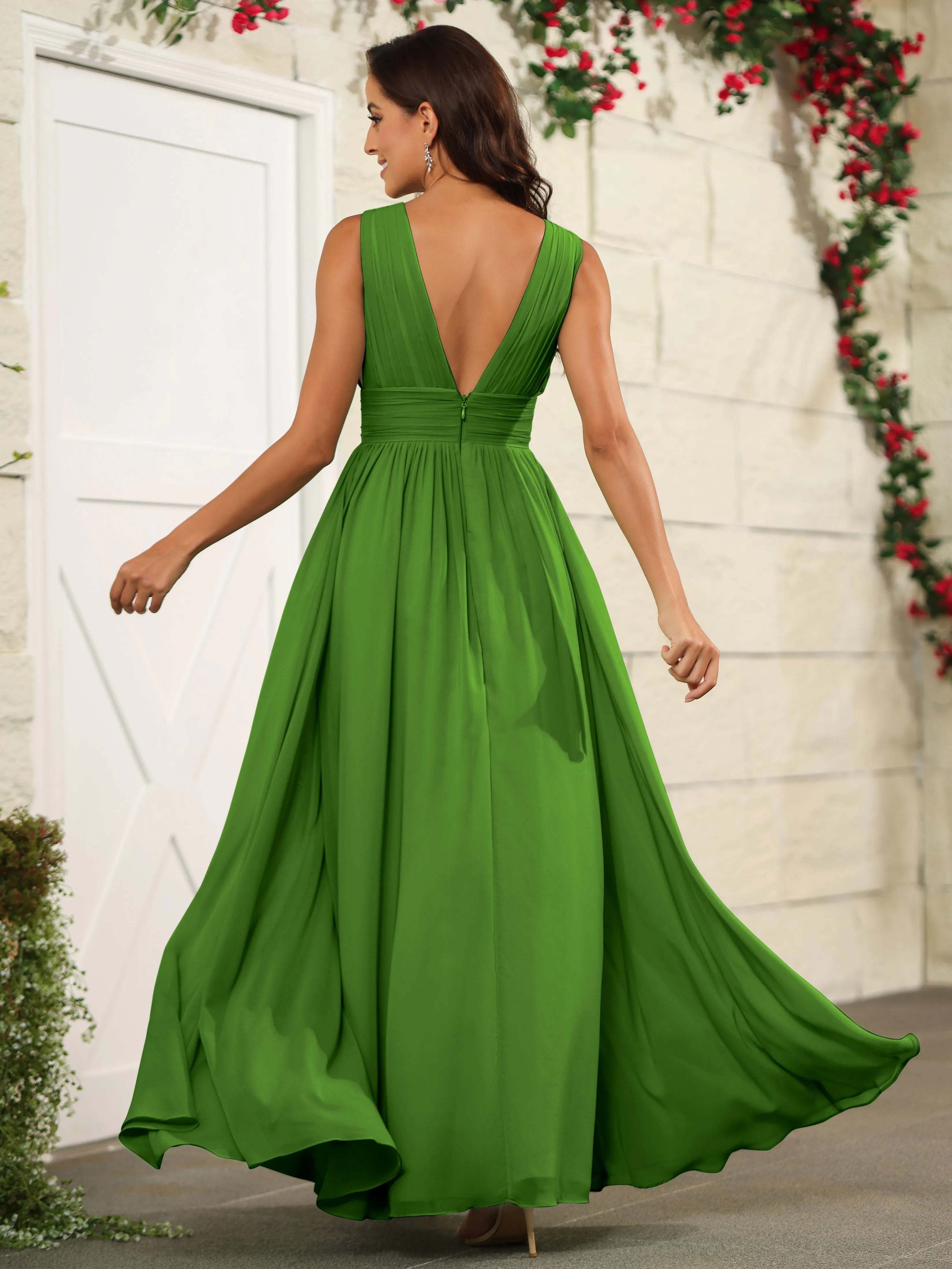 Charming V-Neck Chiffon Floor Length Bridesmaid Dresses with Split