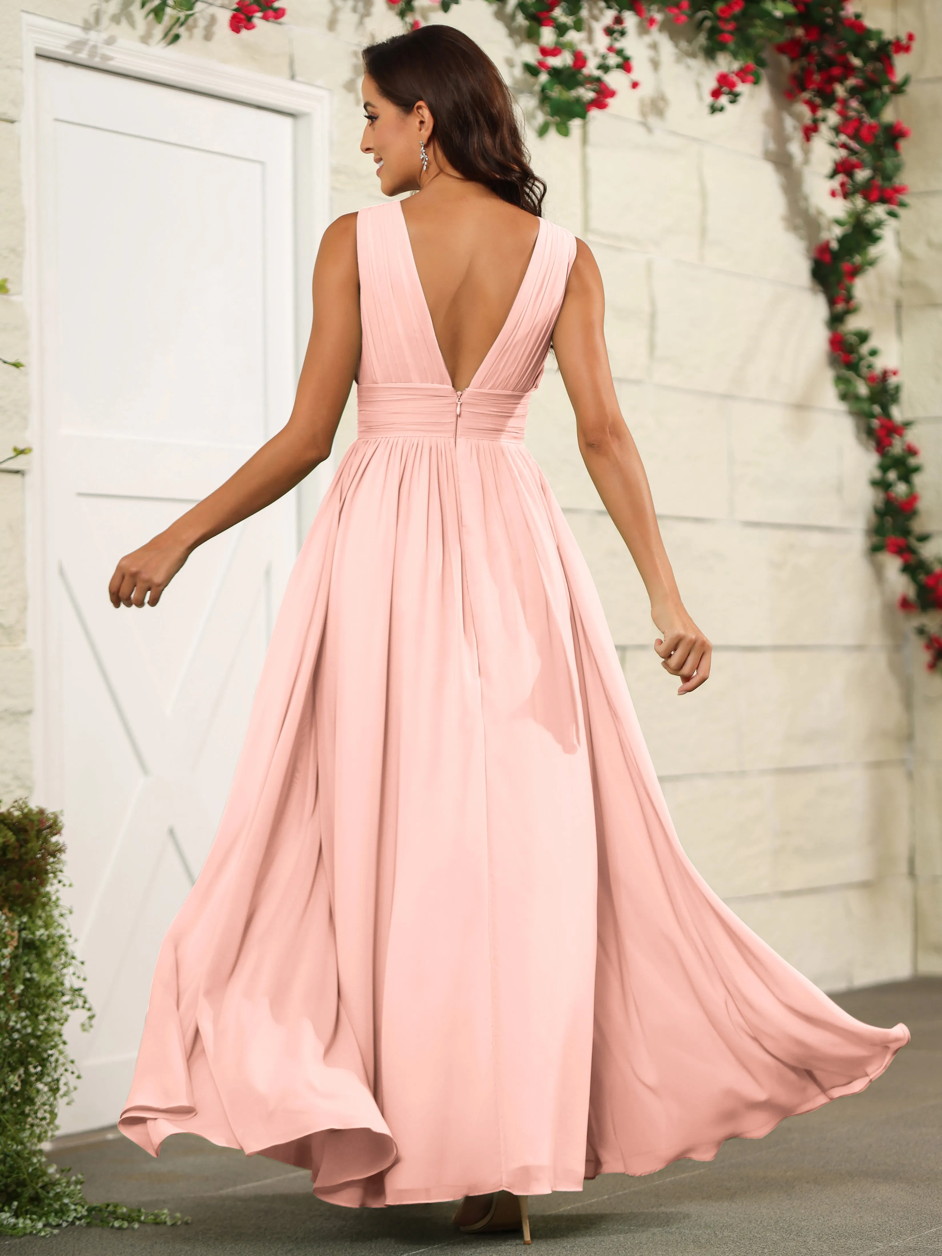 Charming V-Neck Chiffon Floor Length Bridesmaid Dresses with Split