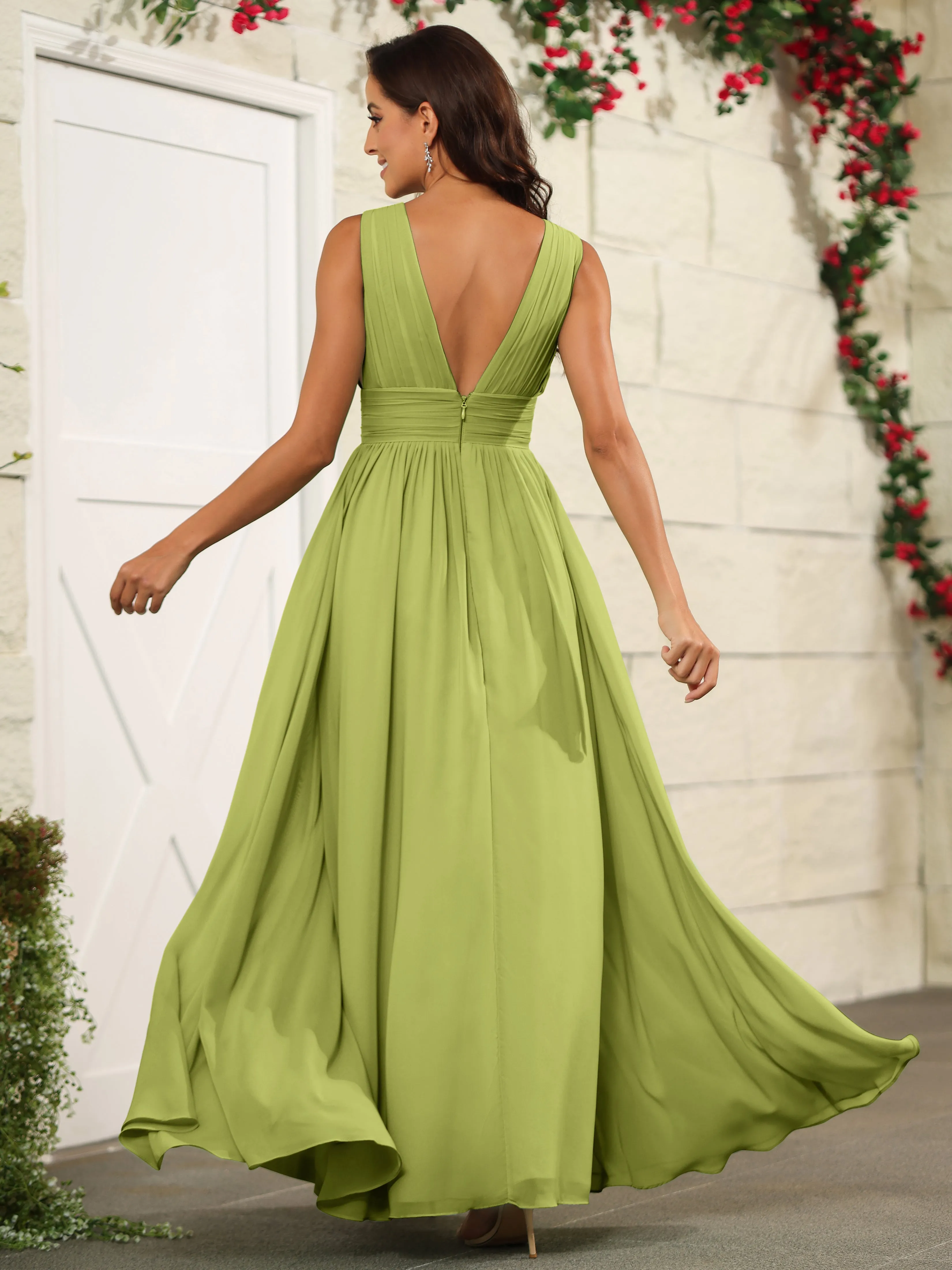 Charming V-Neck Chiffon Floor Length Bridesmaid Dresses with Split