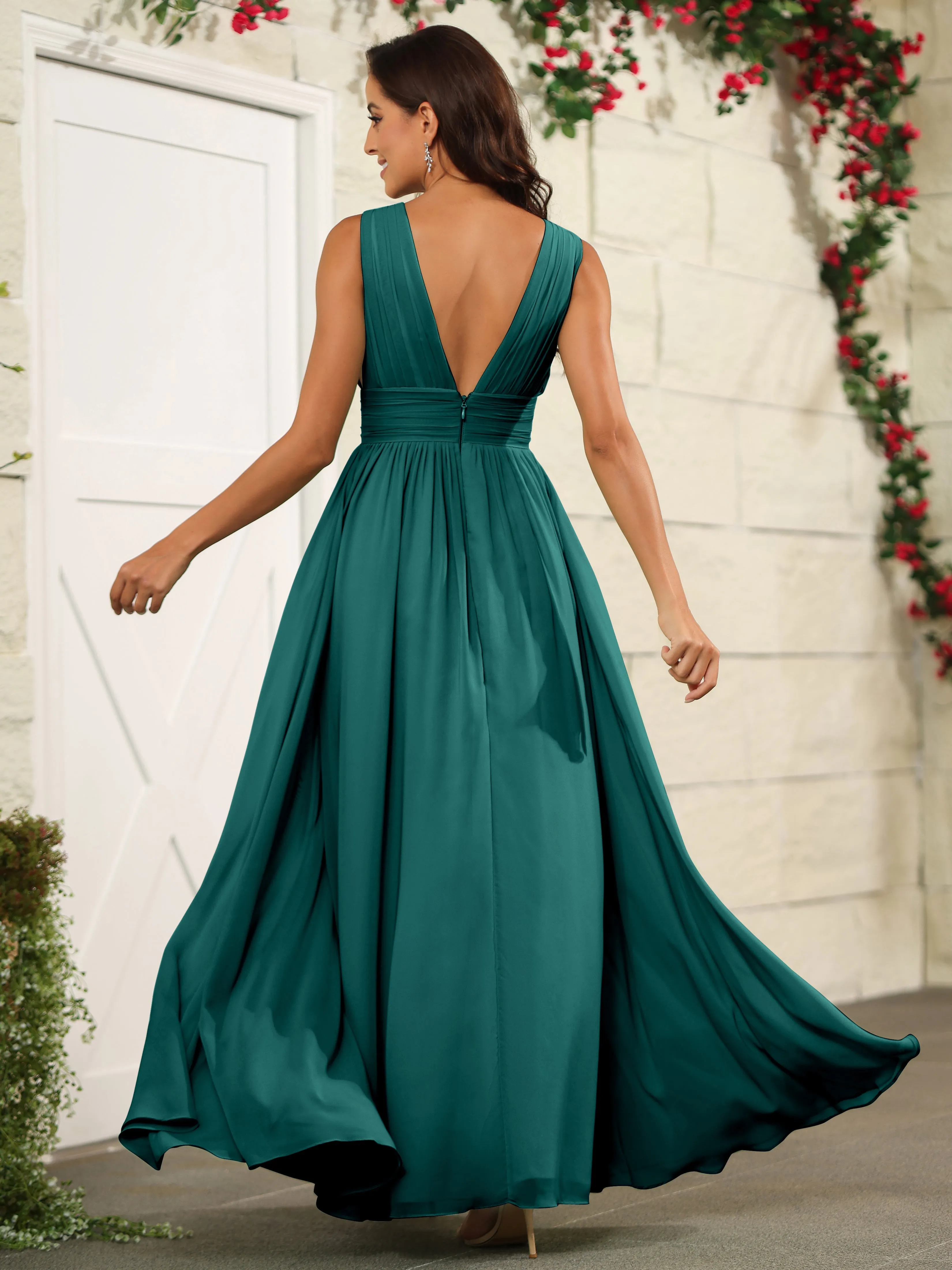Charming V-Neck Chiffon Floor Length Bridesmaid Dresses with Split